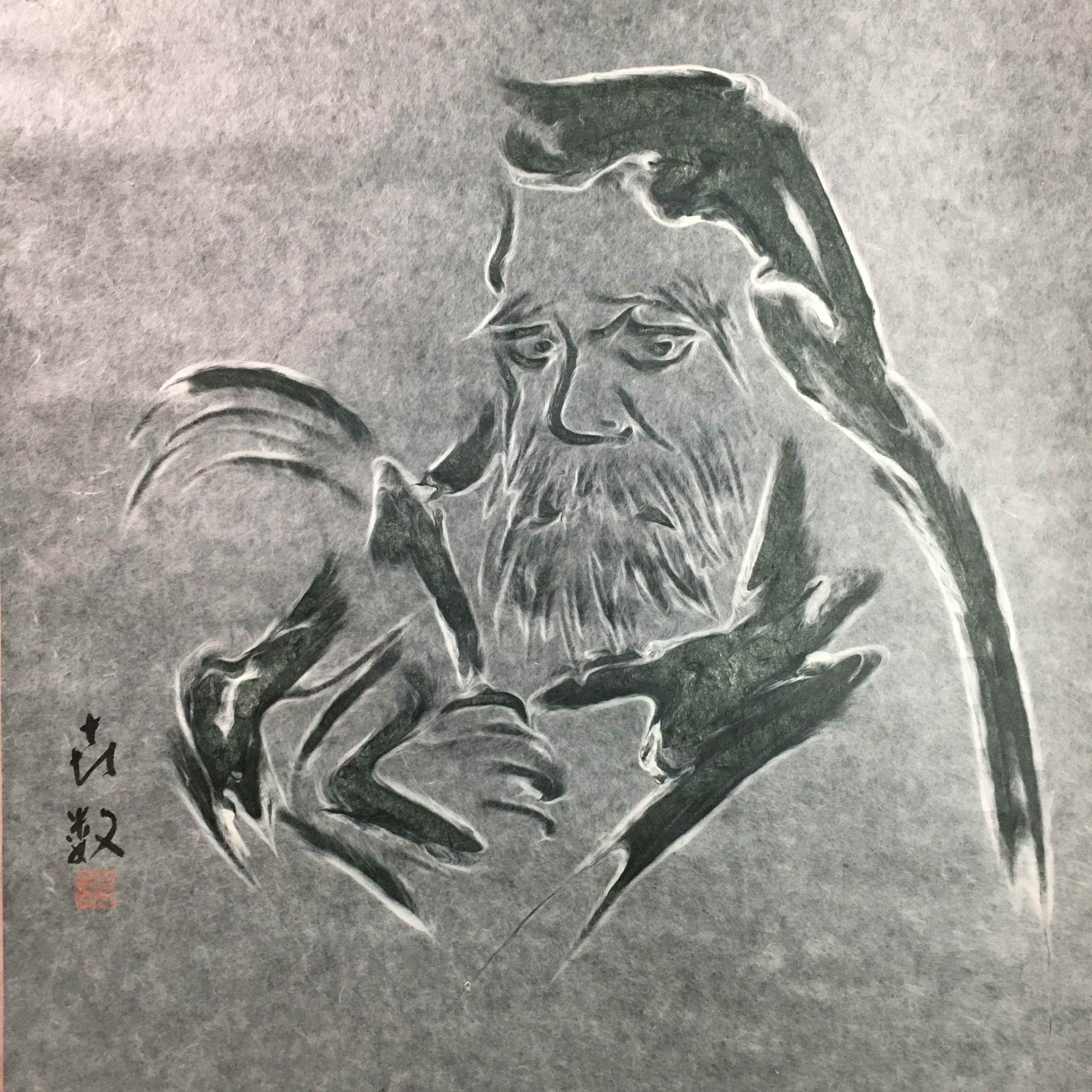 Japanese Hanging Scroll Vtg Kakejiku Kakemono Daruma Washi Art SC749