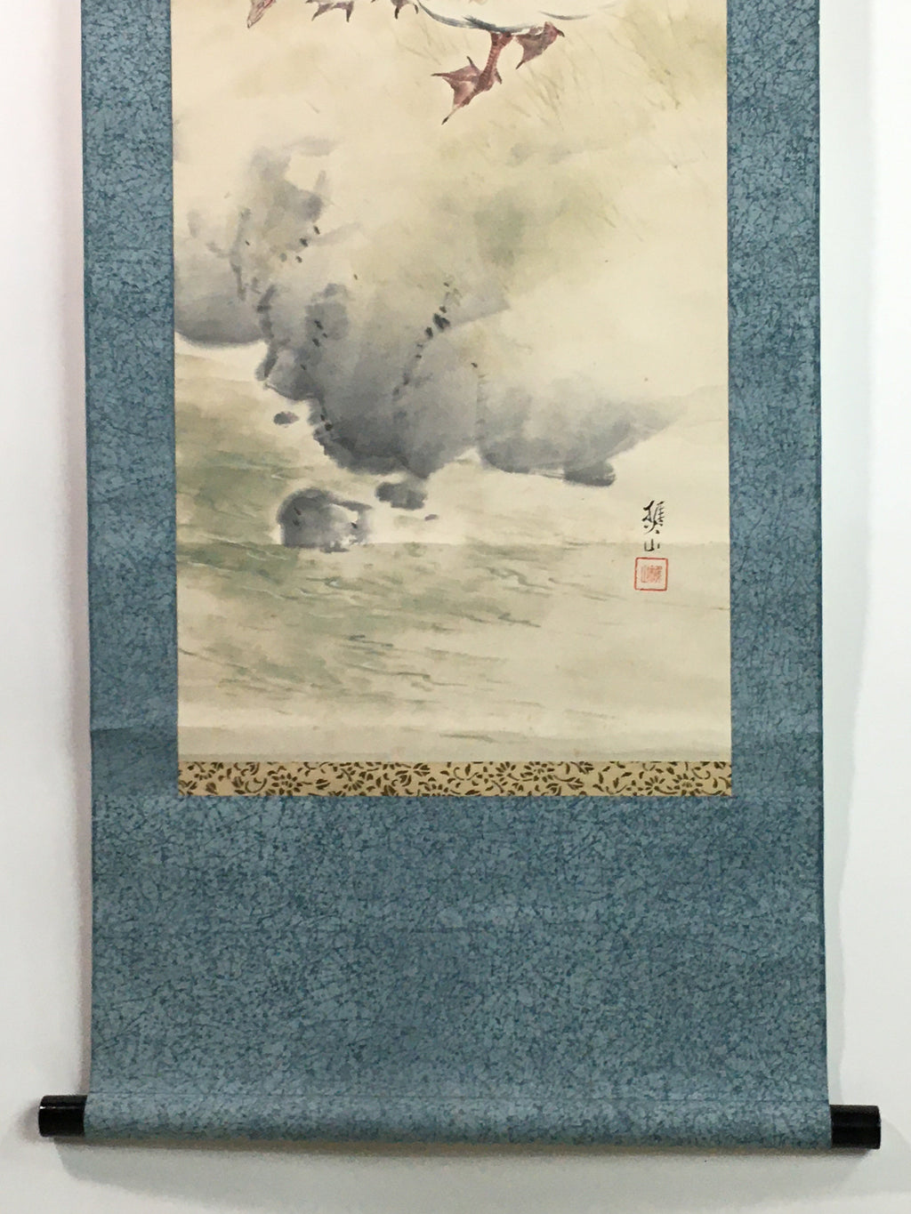 Japanese Hanging Scroll Vtg Kakejiku Kakemono Duck Chick Pond SC745