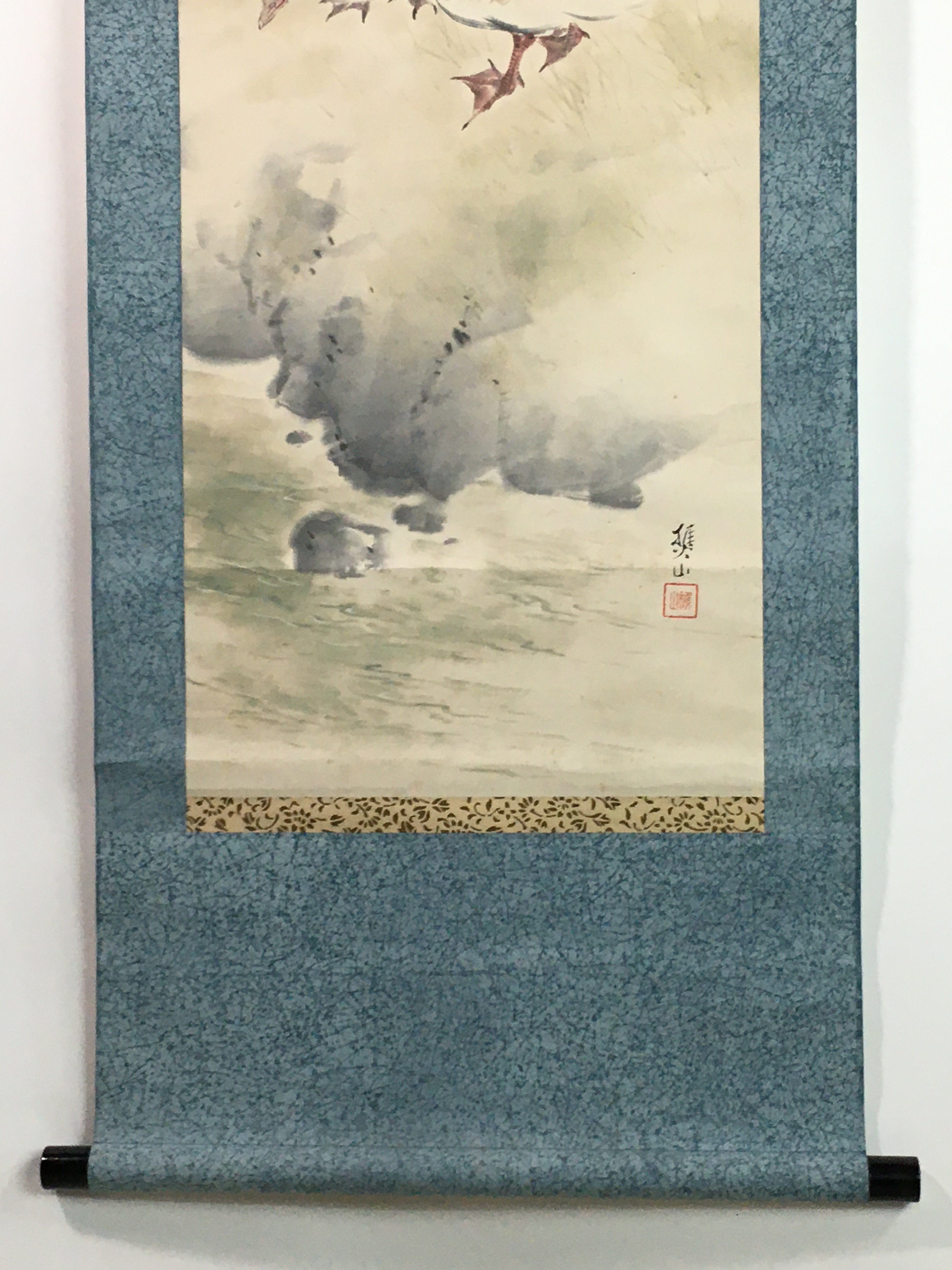 Japanese Hanging Scroll Vtg Kakejiku Kakemono Duck Chick Pond SC745