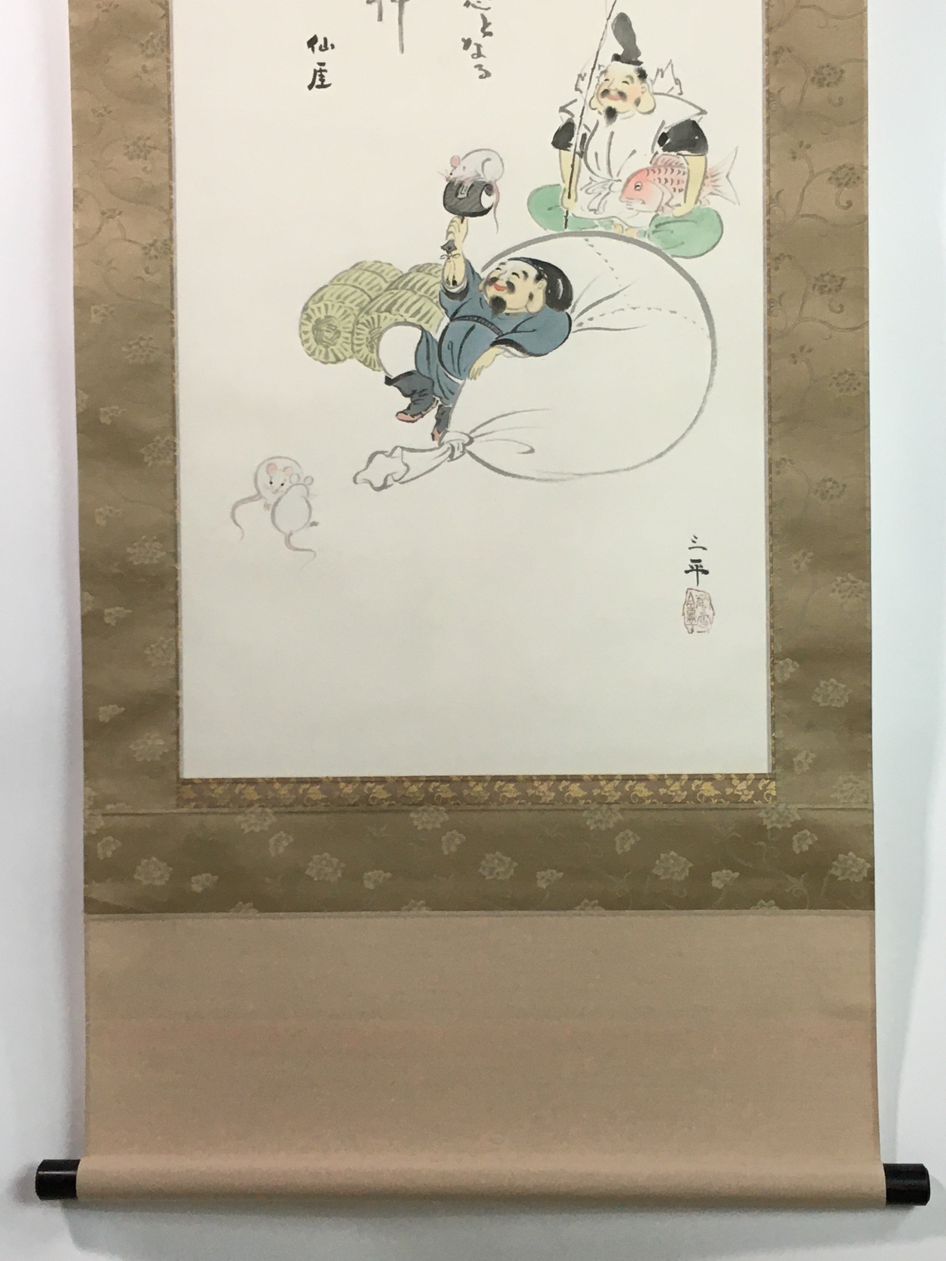 Japanese Hanging Scroll Vtg Kakejiku Kakemono Ebisu Daikokuten Gods SC739