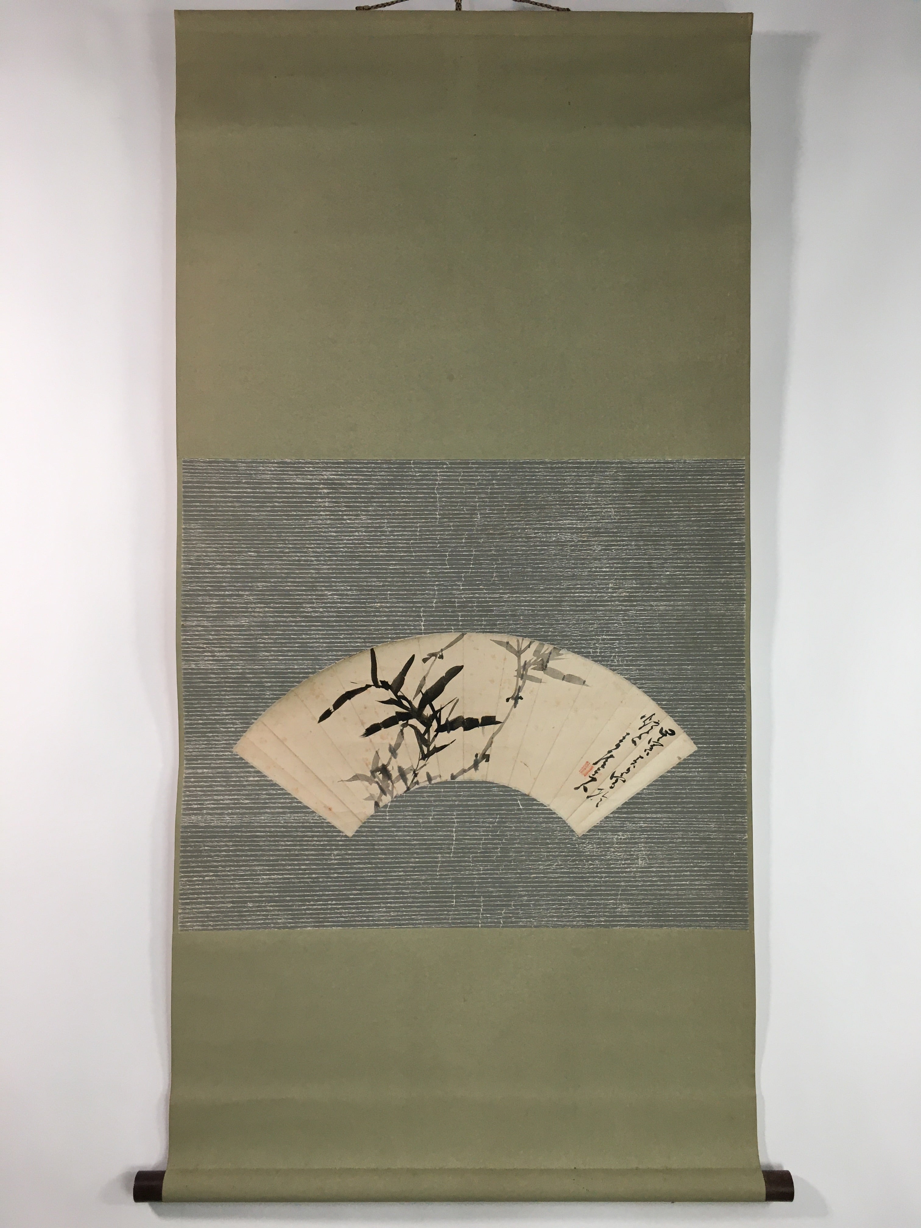 Japanese Hanging Scroll Vtg Kakejiku Kakemono Folding Fan Bamboo SC708