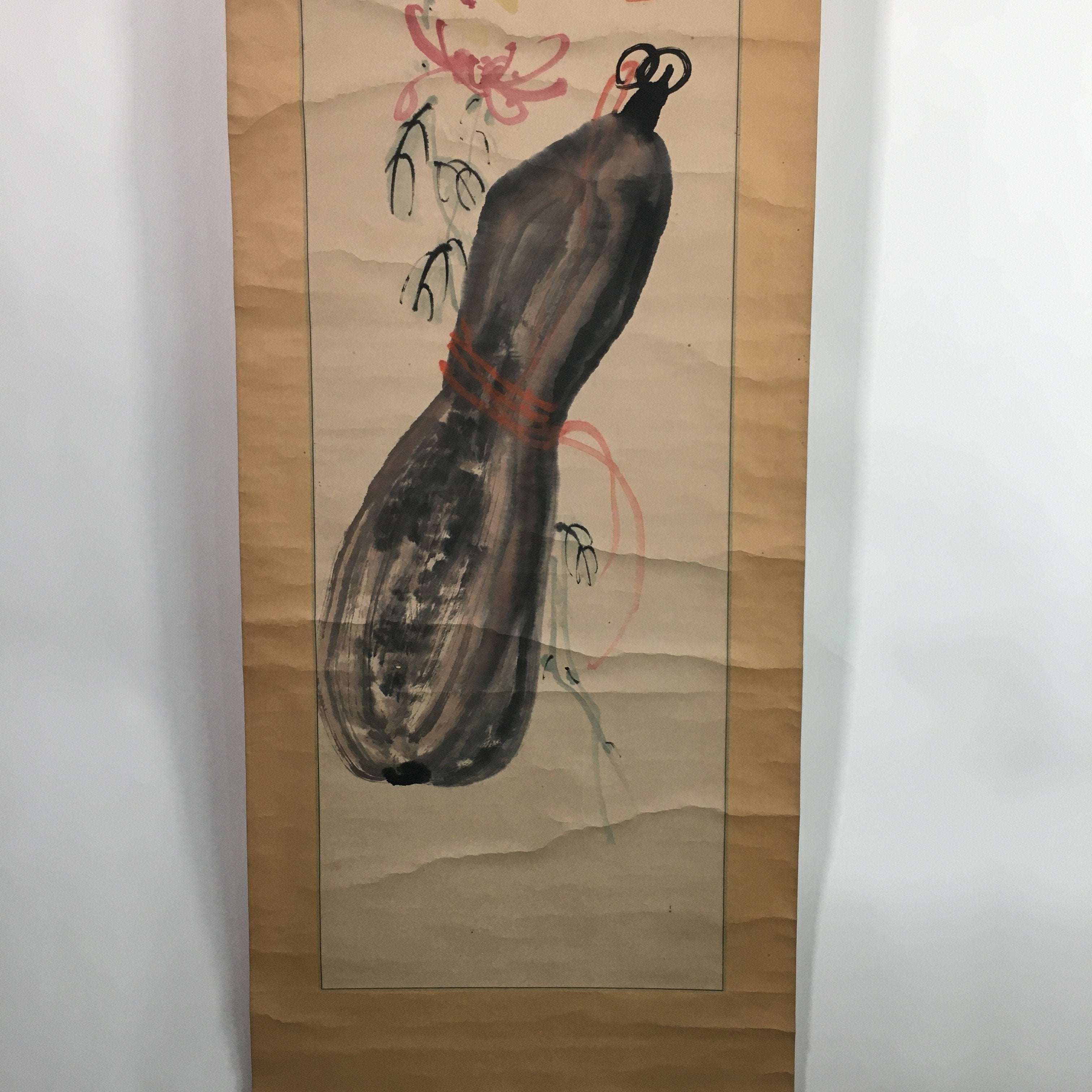 Japanese Hanging Scroll Vtg Kakejiku Kakemono Gourd Chrysanthemum SC659