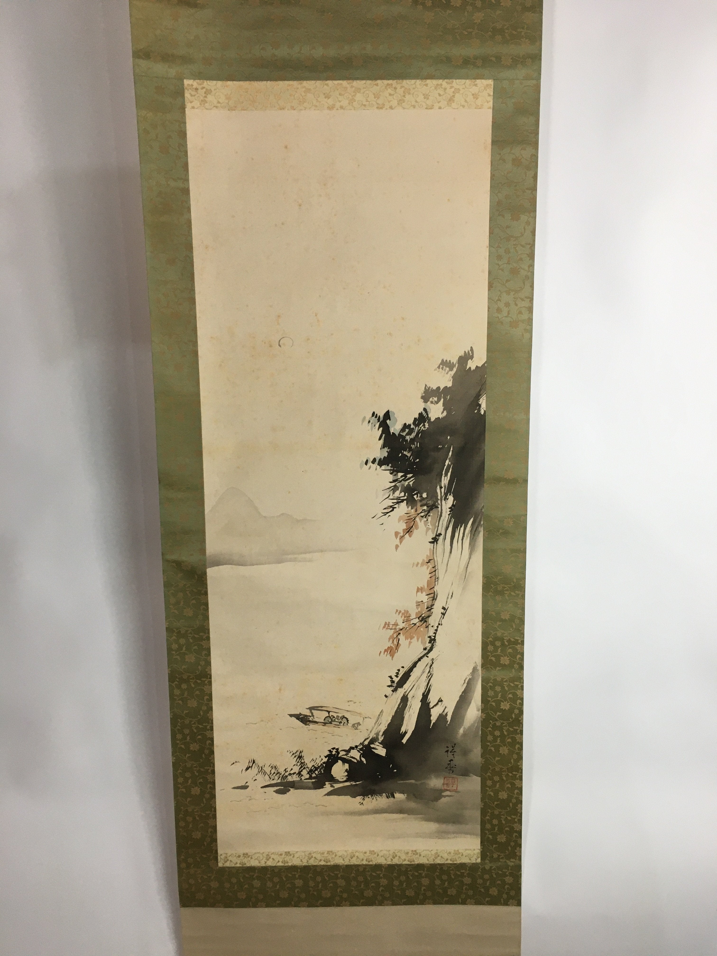 Japanese Hanging Scroll Vtg Kakejiku Kakemono Ink Painting Boat River SC615
