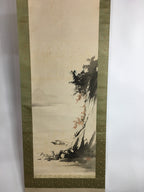 Japanese Hanging Scroll Vtg Kakejiku Kakemono Ink Painting Boat River SC615