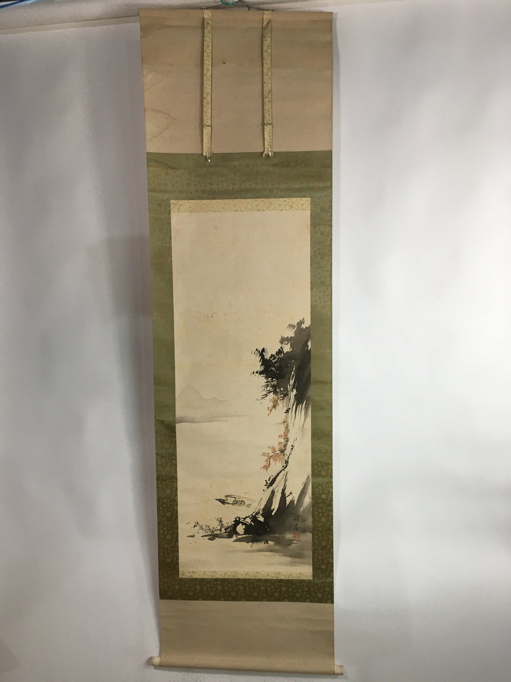 Japanese Hanging Scroll Vtg Kakejiku Kakemono Ink Painting Boat River SC615