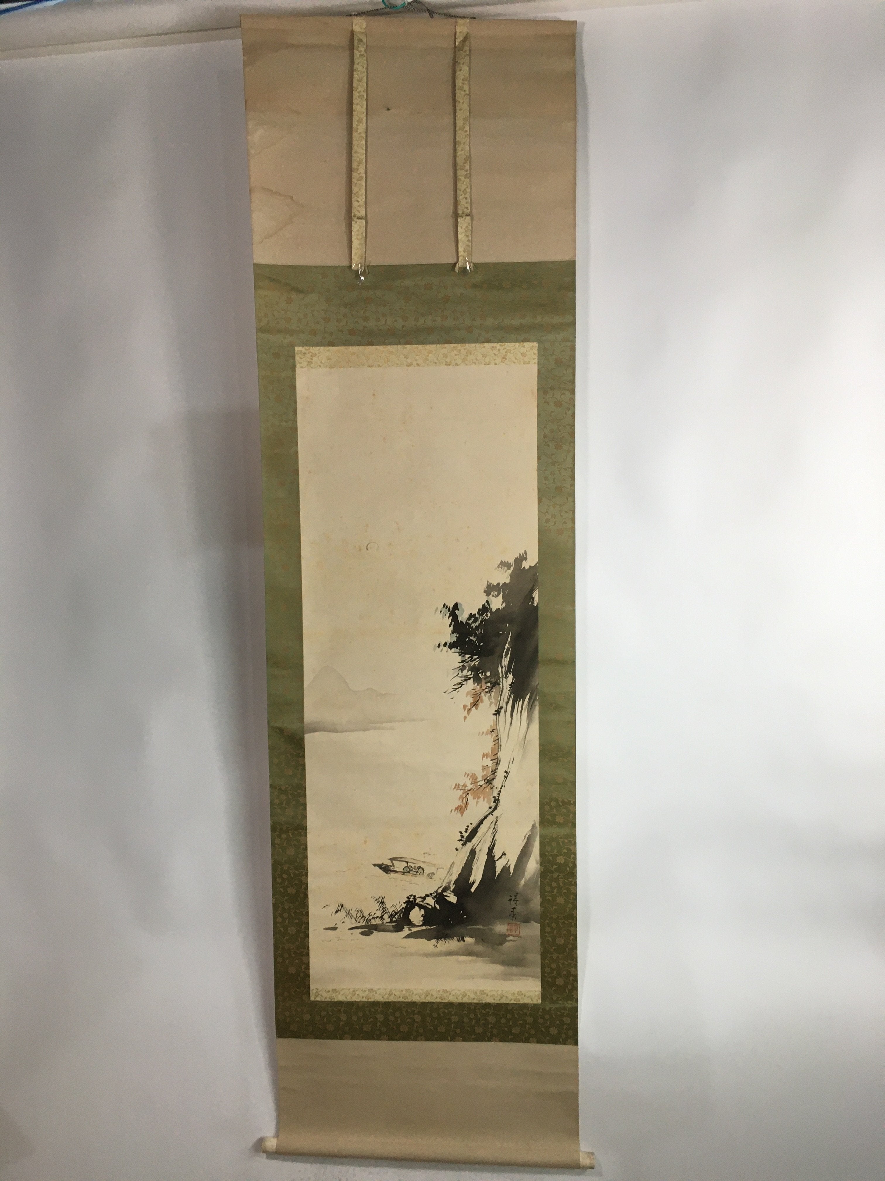 Japanese Hanging Scroll Vtg Kakejiku Kakemono Ink Painting Boat River SC615