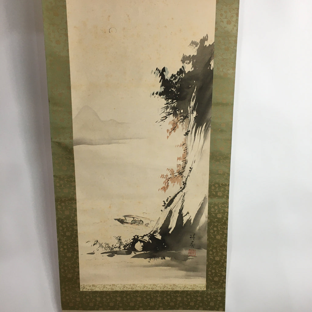 Japanese Hanging Scroll Vtg Kakejiku Kakemono Ink Painting Boat River SC615