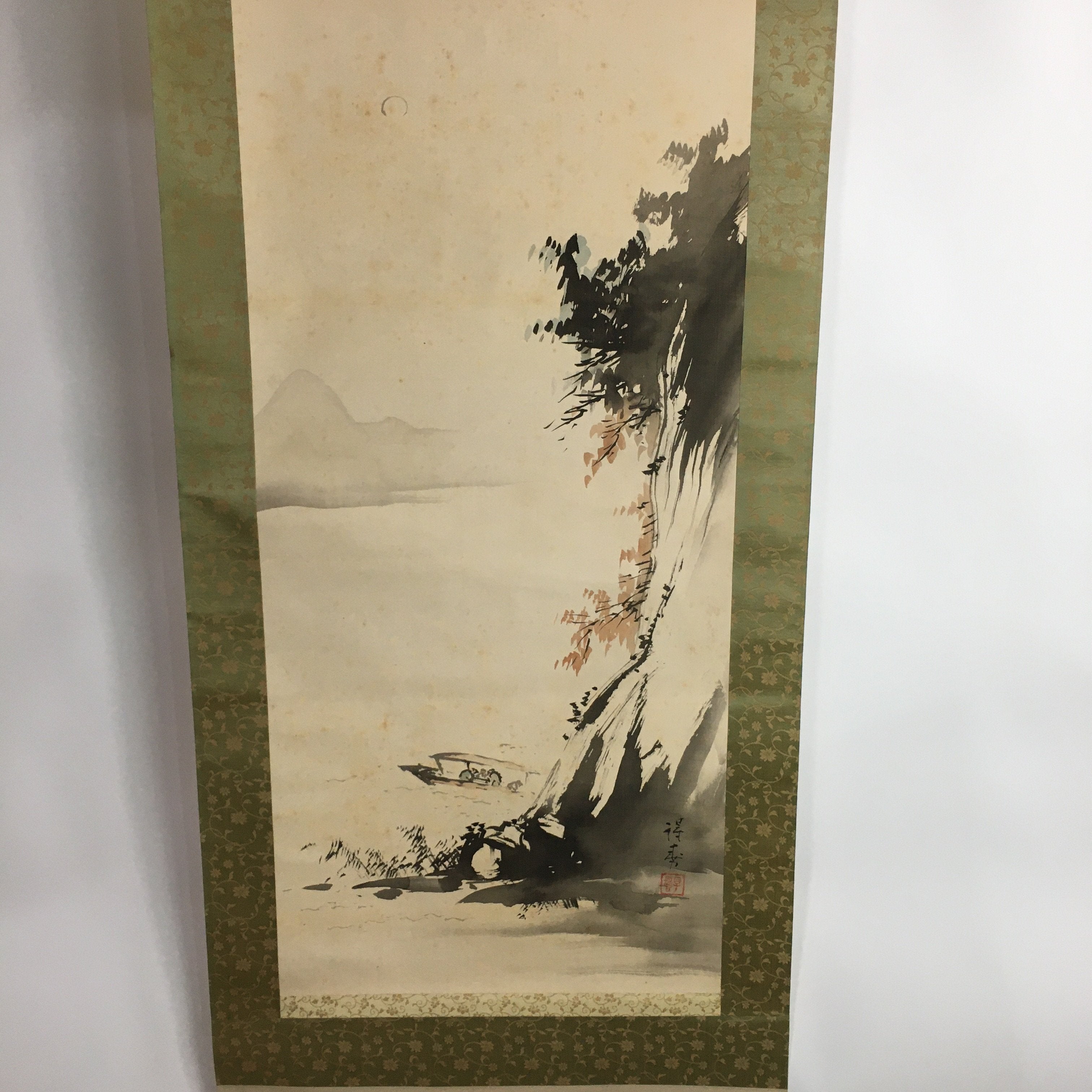 Japanese Hanging Scroll Vtg Kakejiku Kakemono Ink Painting Boat River SC615