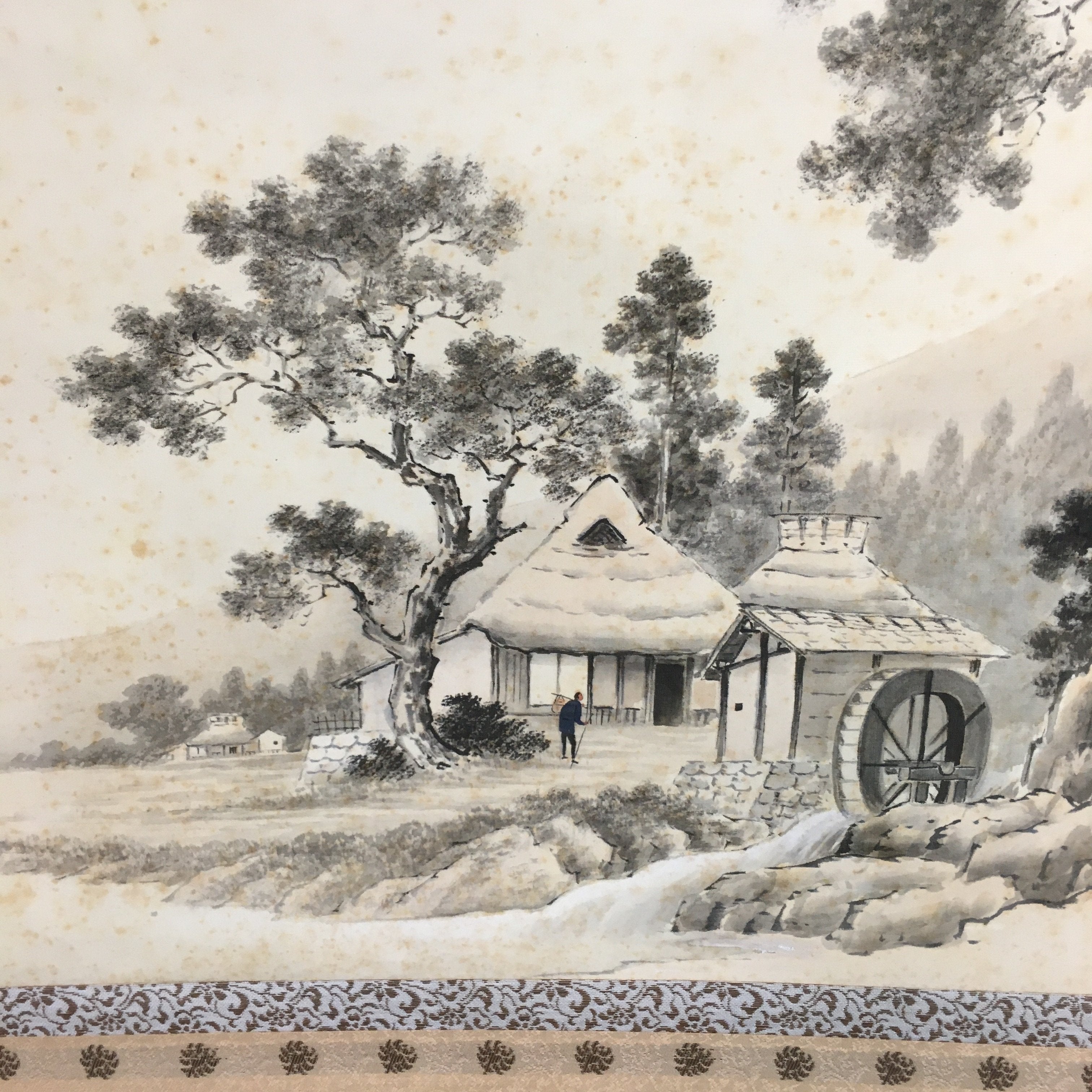 Japanese Hanging Scroll Vtg Kakejiku Kakemono Ink Painting Country House SC612