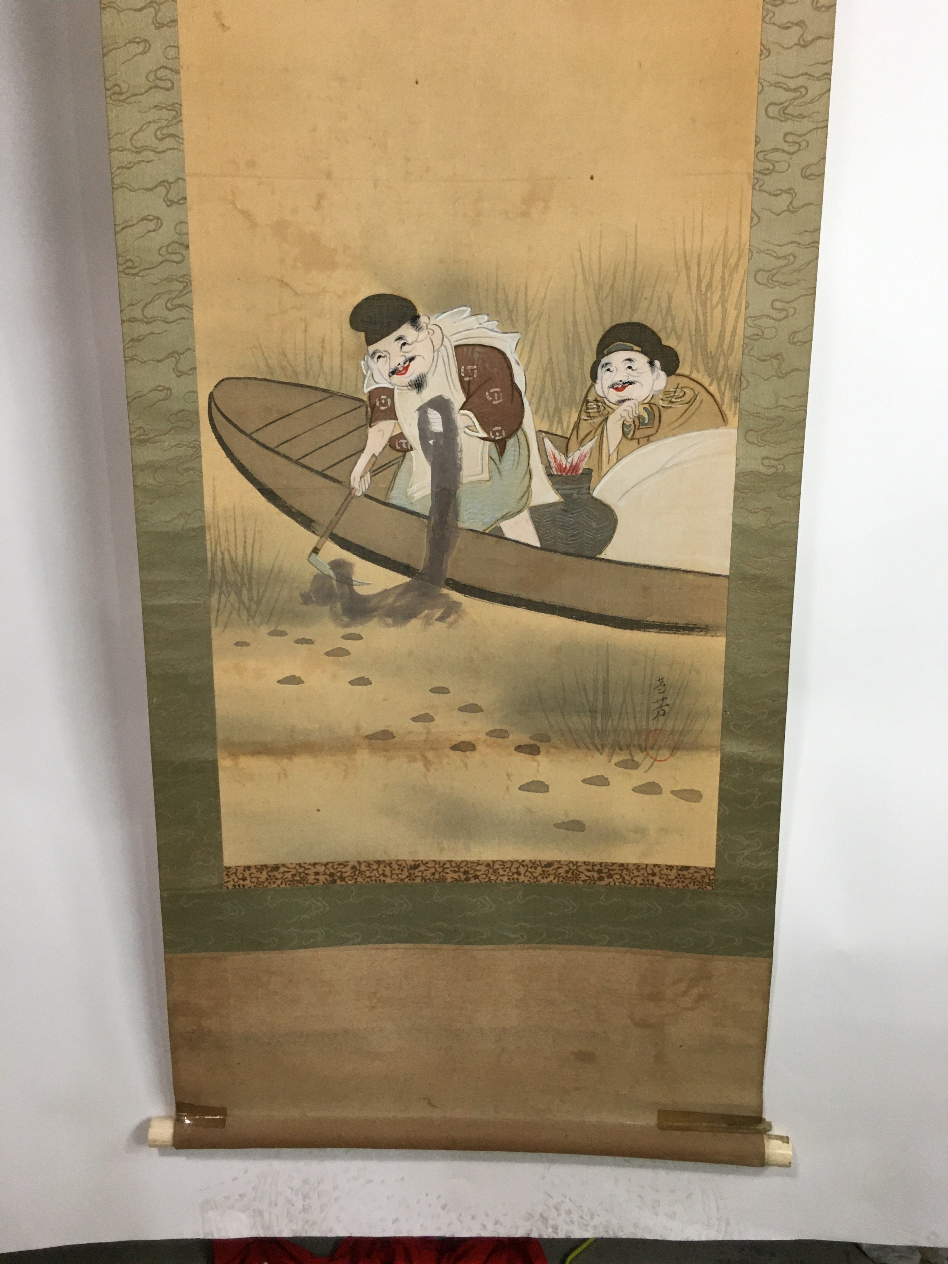 Japanese Hanging Scroll Vtg Kakejiku Kakemono Ink Painting Fishermen SC616