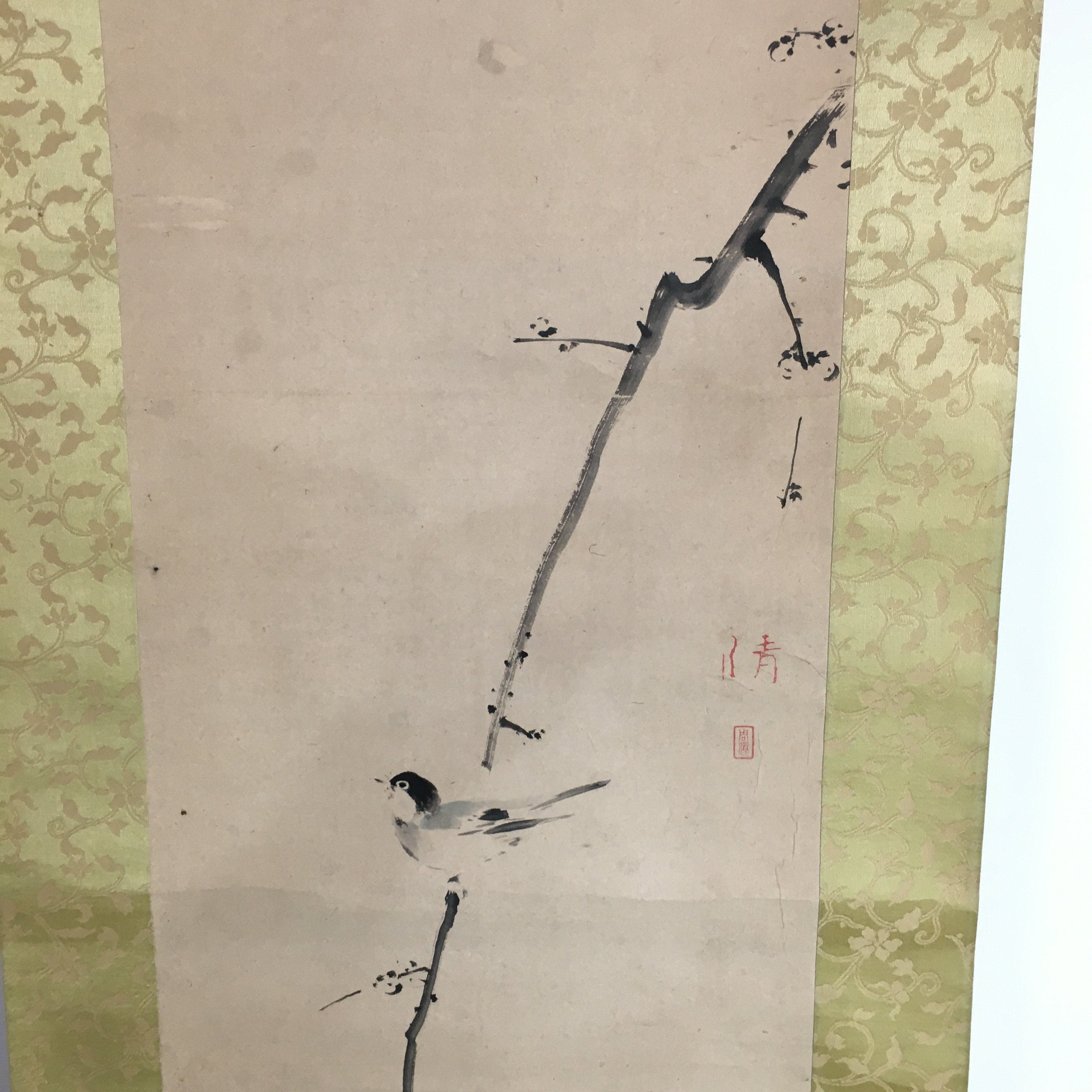 Japanese Hanging Scroll Vtg Kakejiku Kakemono Ink Painting Plum Tree Bird SC618