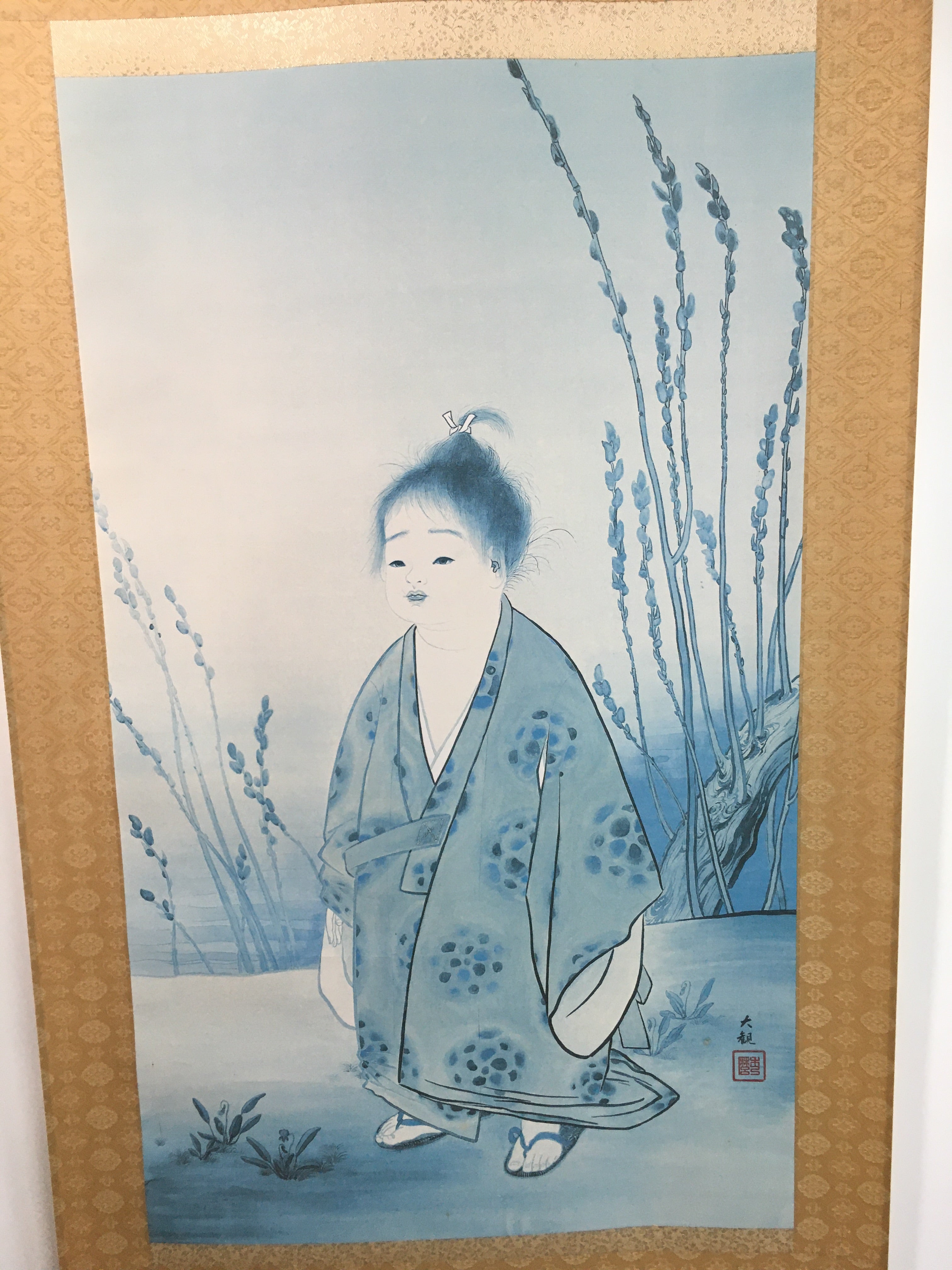 Japanese Hanging Scroll Vtg Kakejiku Kakemono Kimono Child Daikan SC709