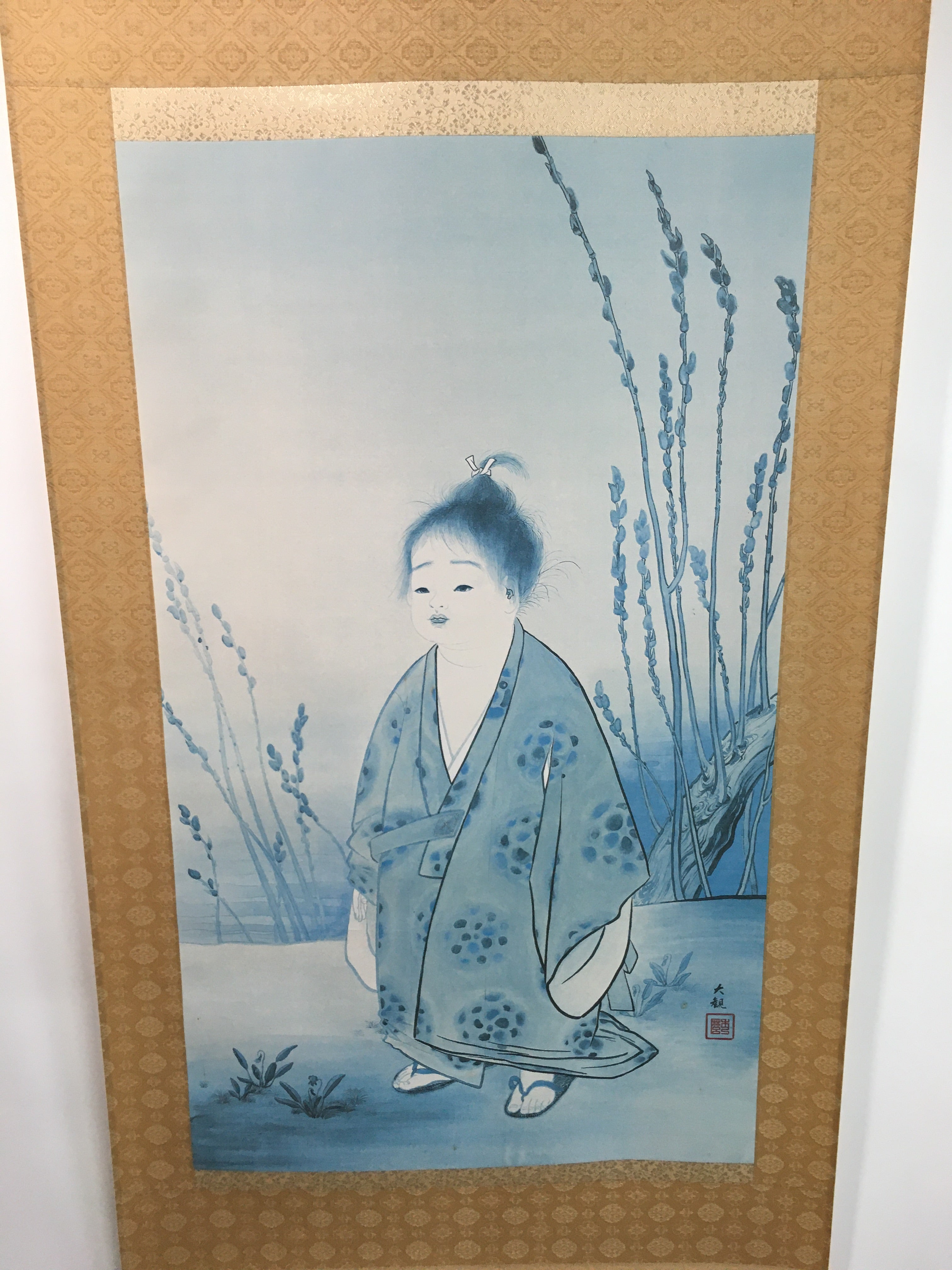 Japanese Hanging Scroll Vtg Kakejiku Kakemono Kimono Child Daikan SC709