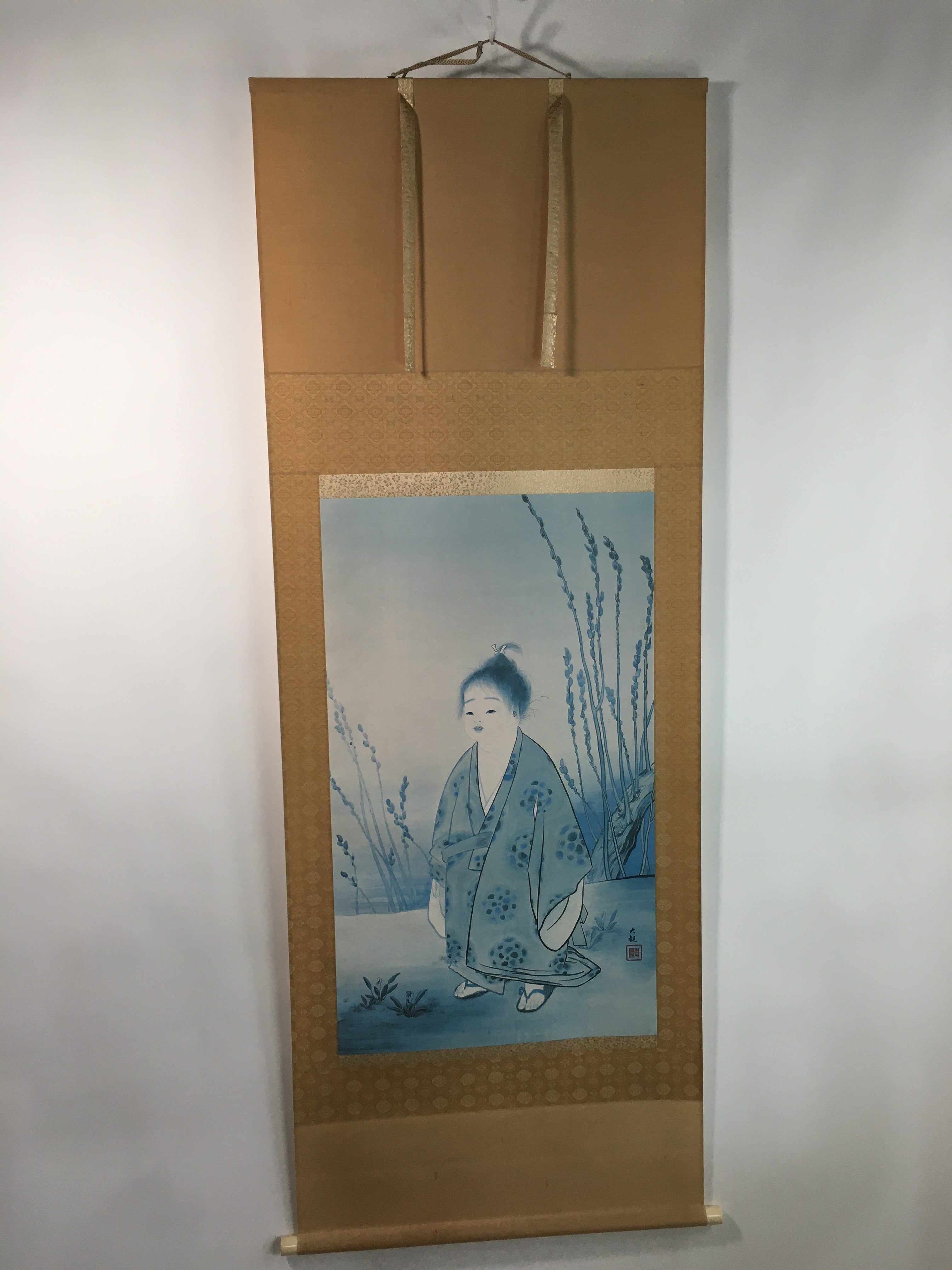 Japanese Hanging Scroll Vtg Kakejiku Kakemono Kimono Child Daikan SC709