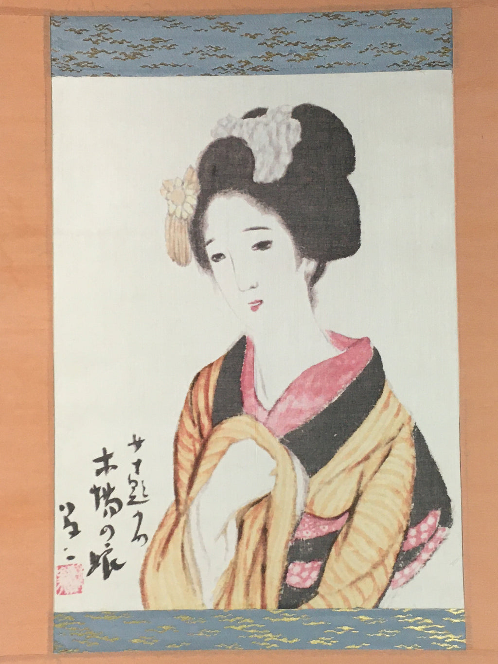 Japanese Hanging Scroll Vtg Kakejiku Kakemono Kimono Young Lady Geisha SC729