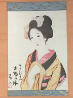Japanese Hanging Scroll Vtg Kakejiku Kakemono Kimono Young Lady Geisha SC729