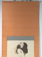 Japanese Hanging Scroll Vtg Kakejiku Kakemono Kimono Young Lady Geisha SC729