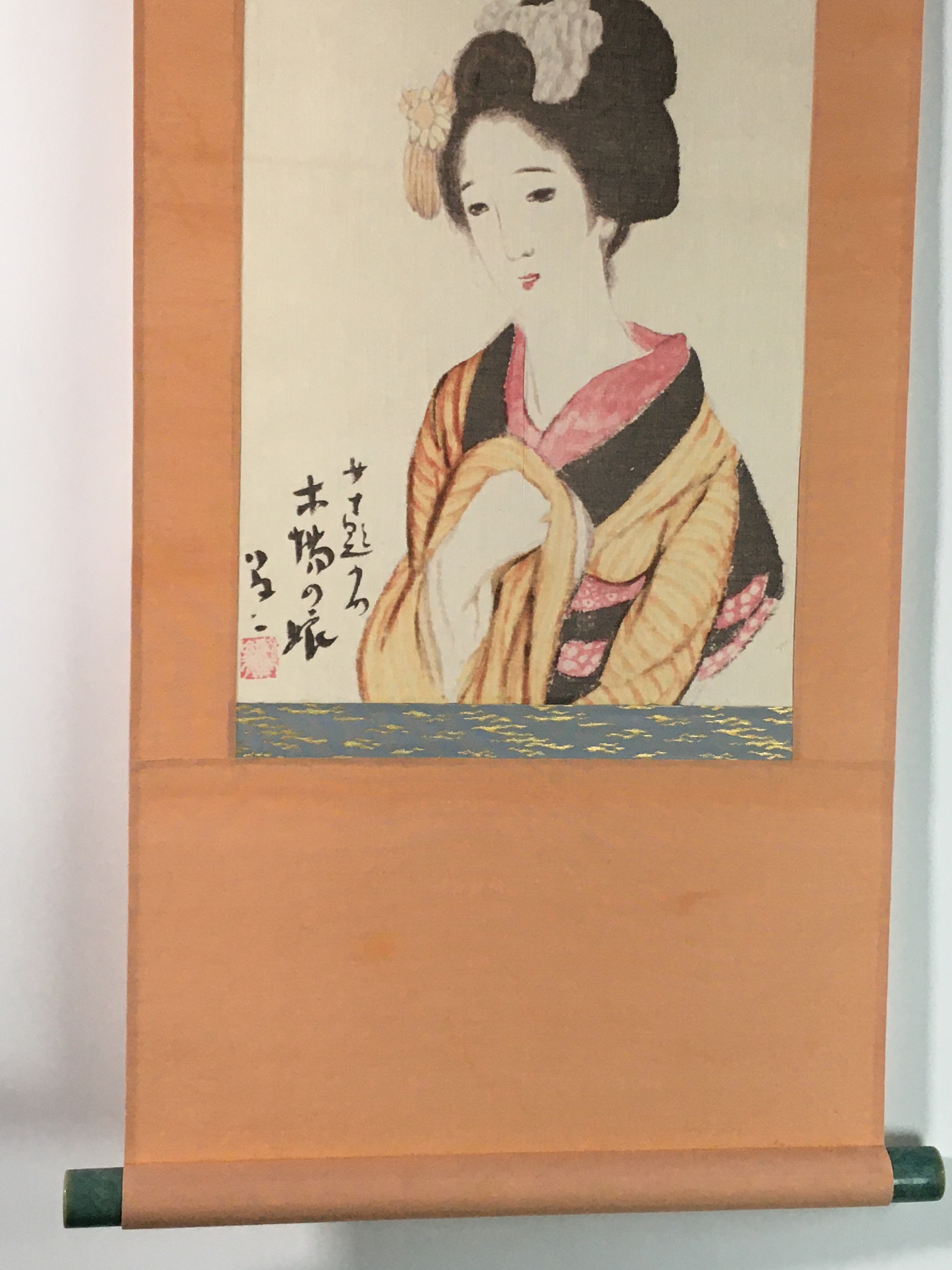 Japanese Hanging Scroll Vtg Kakejiku Kakemono Kimono Young Lady Geisha SC729