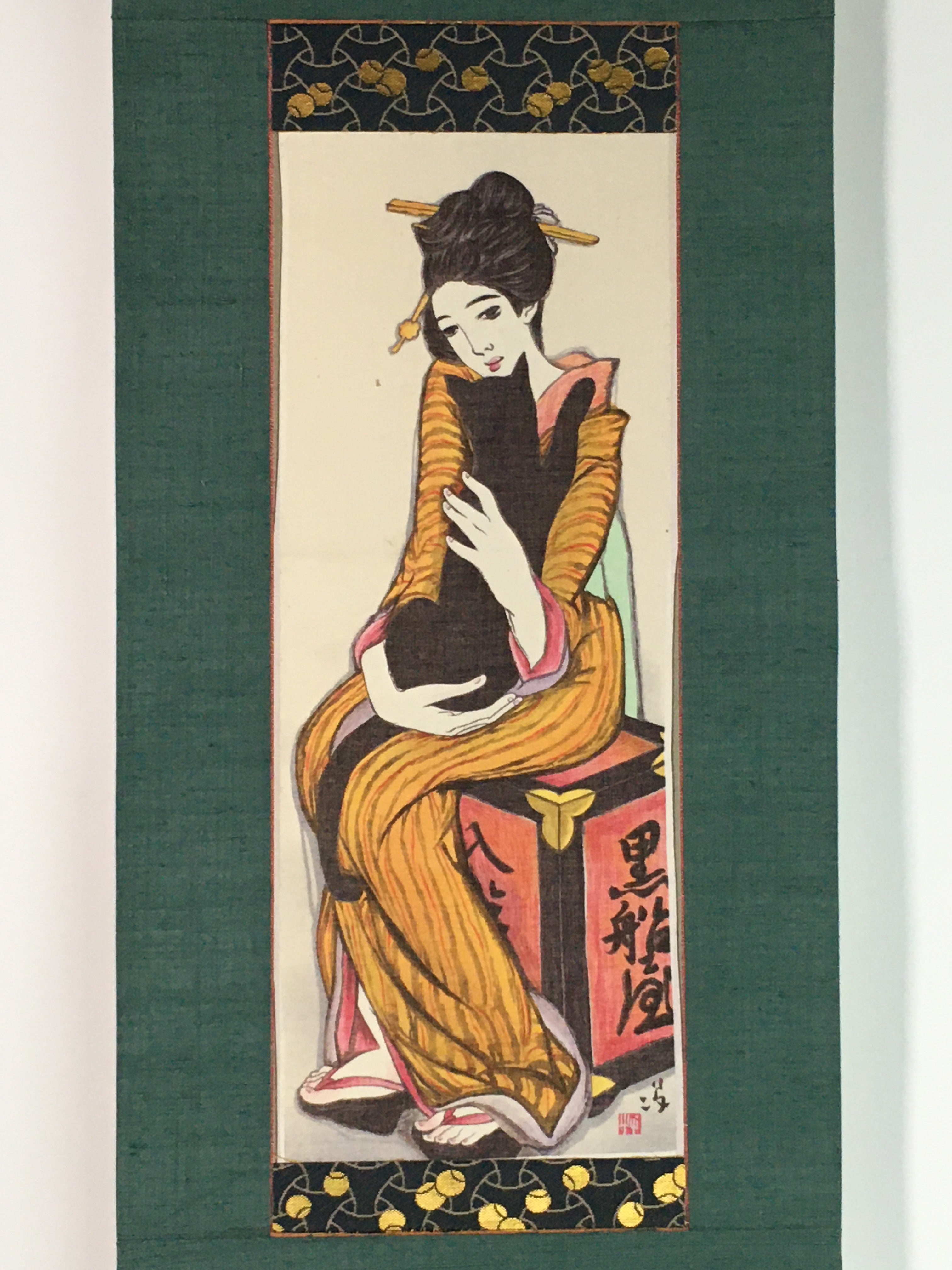 Japanese Hanging Scroll Vtg Kakejiku Kakemono Kimono Young Lady SC730