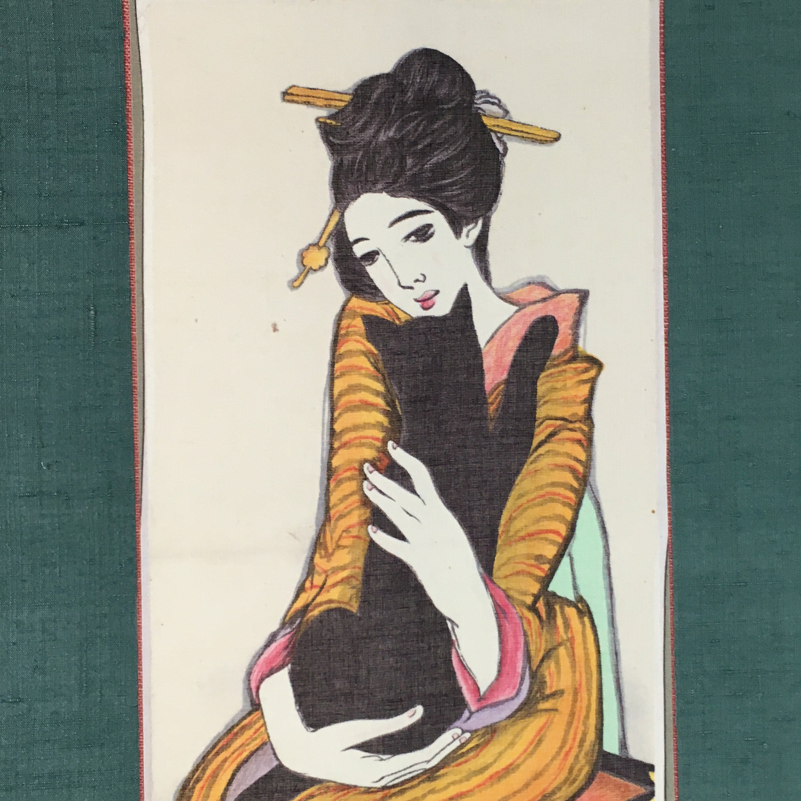 Japanese Hanging Scroll Vtg Kakejiku Kakemono Kimono Young Lady SC730