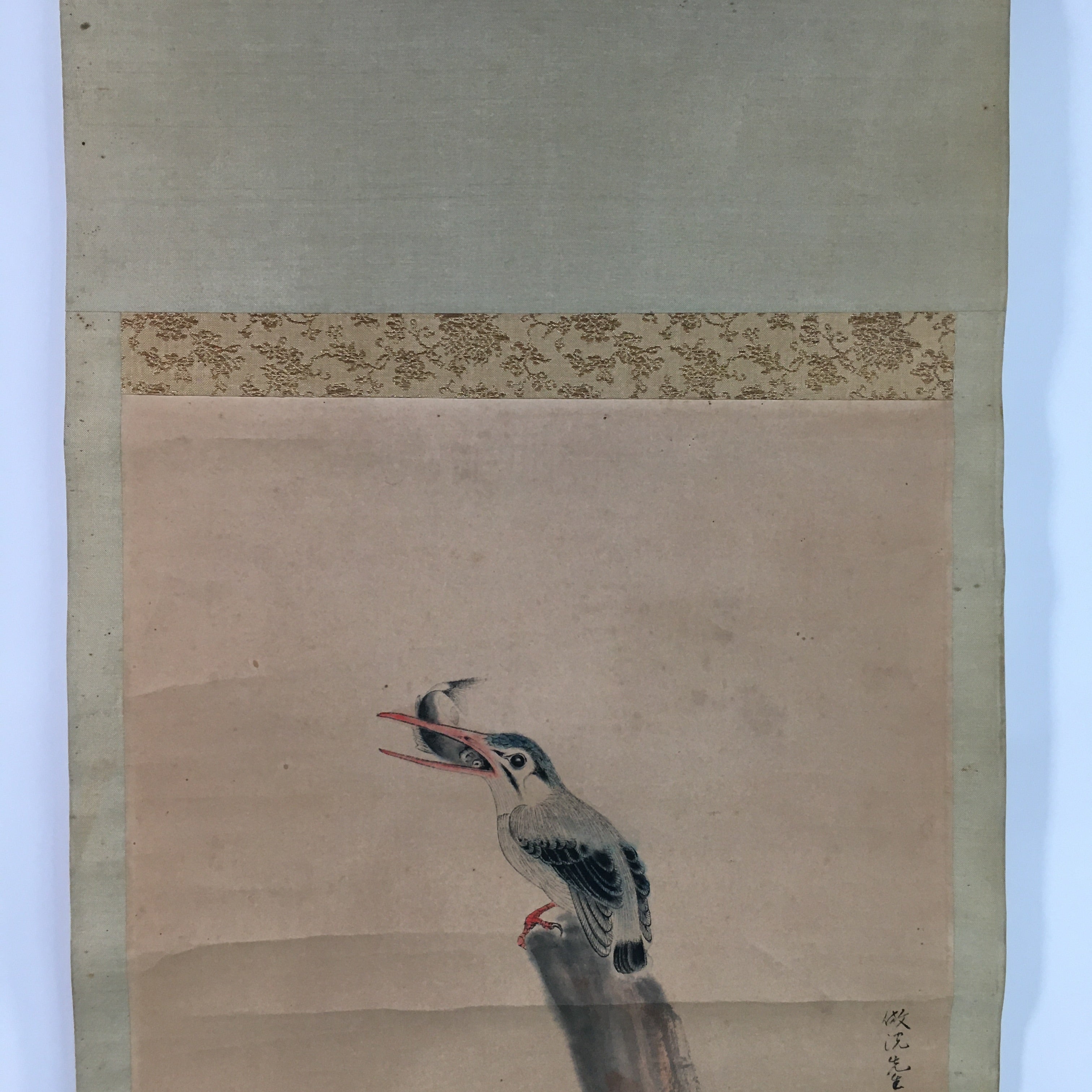 Japanese Hanging Scroll Vtg Kakejiku Kakemono Kingfisher Bird SC706