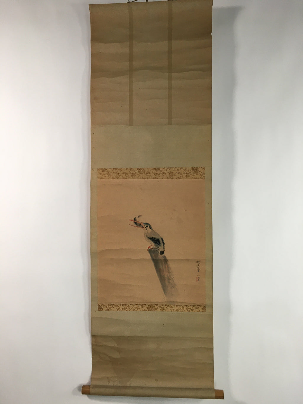 Japanese Hanging Scroll Vtg Kakejiku Kakemono Kingfisher Bird SC706
