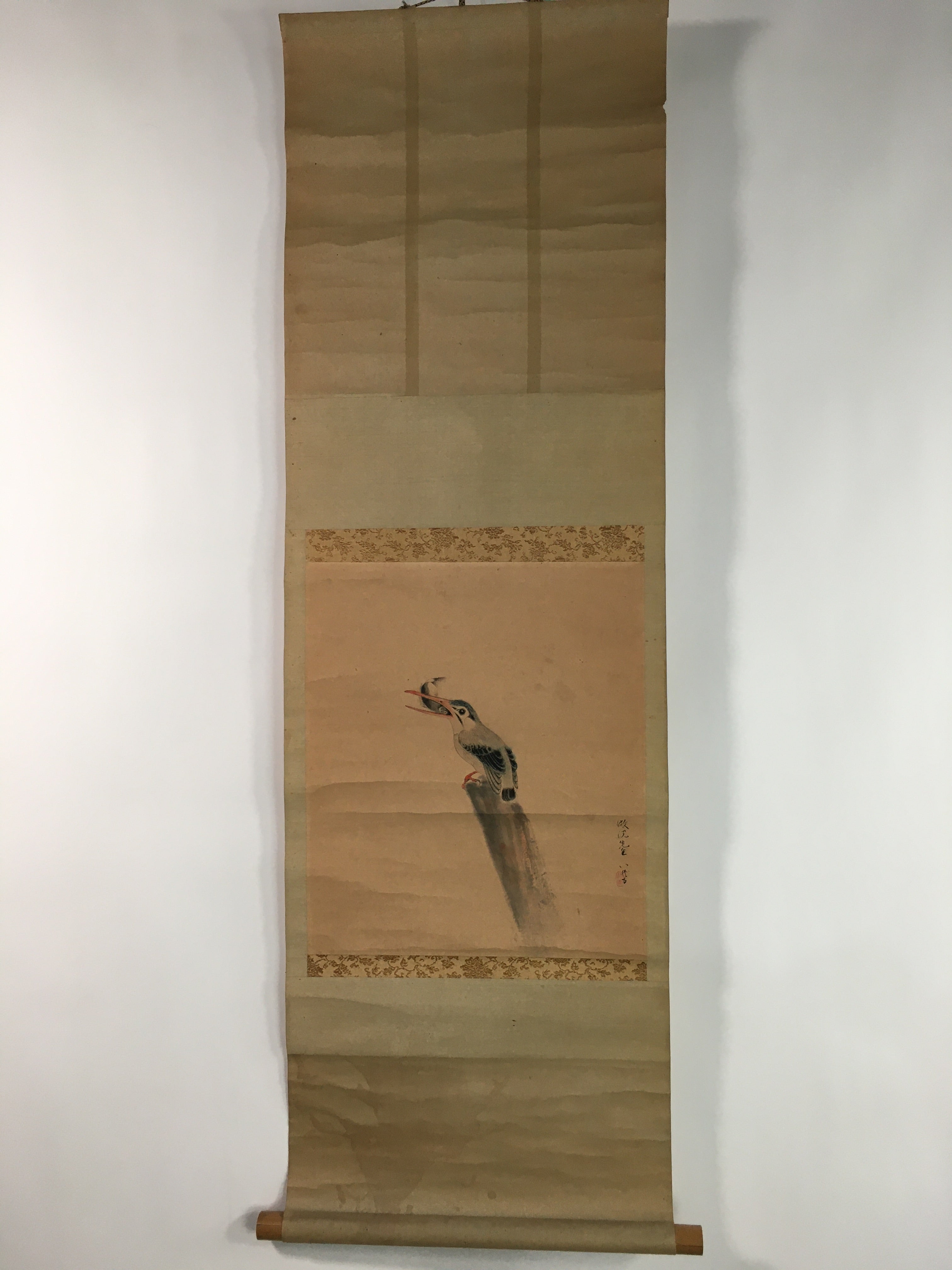 Japanese Hanging Scroll Vtg Kakejiku Kakemono Kingfisher Bird SC706