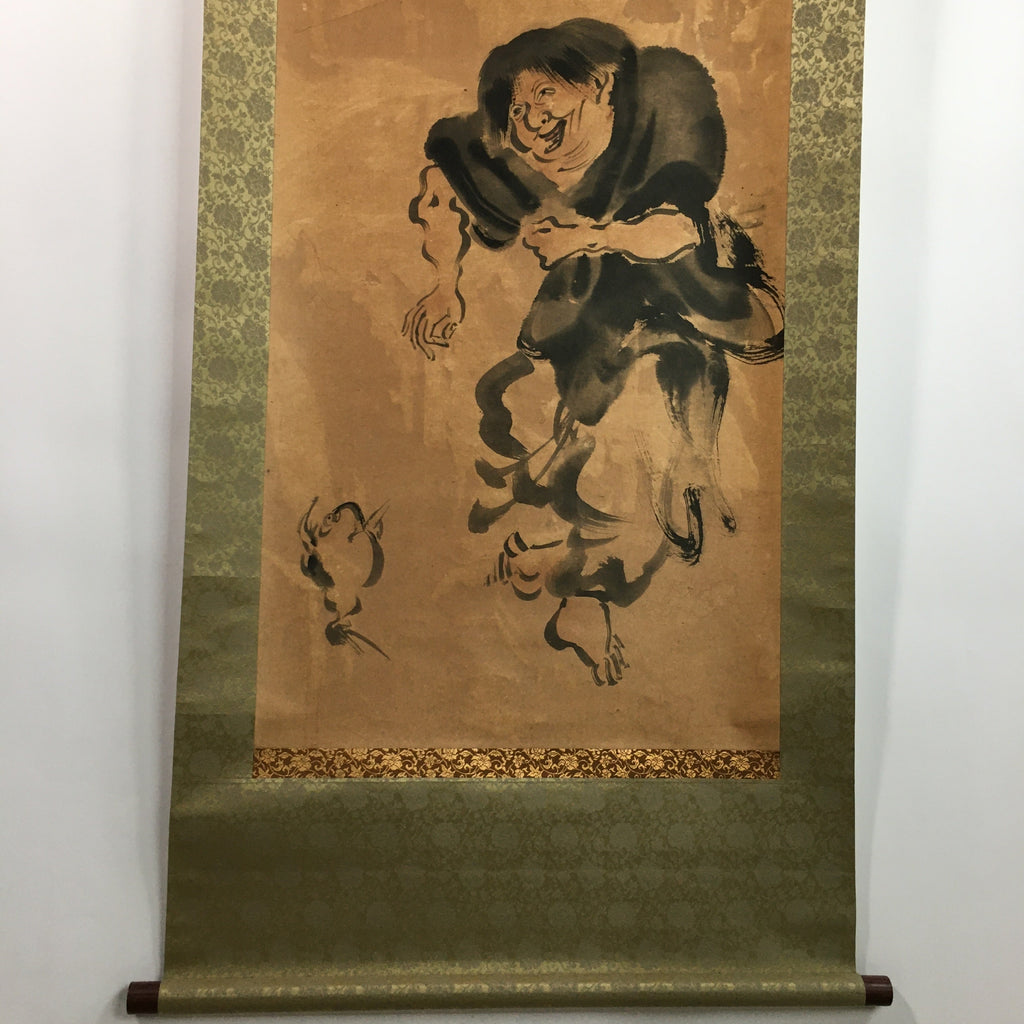 Japanese Hanging Scroll Vtg Kakejiku Kakemono Man Dance Frog SC705