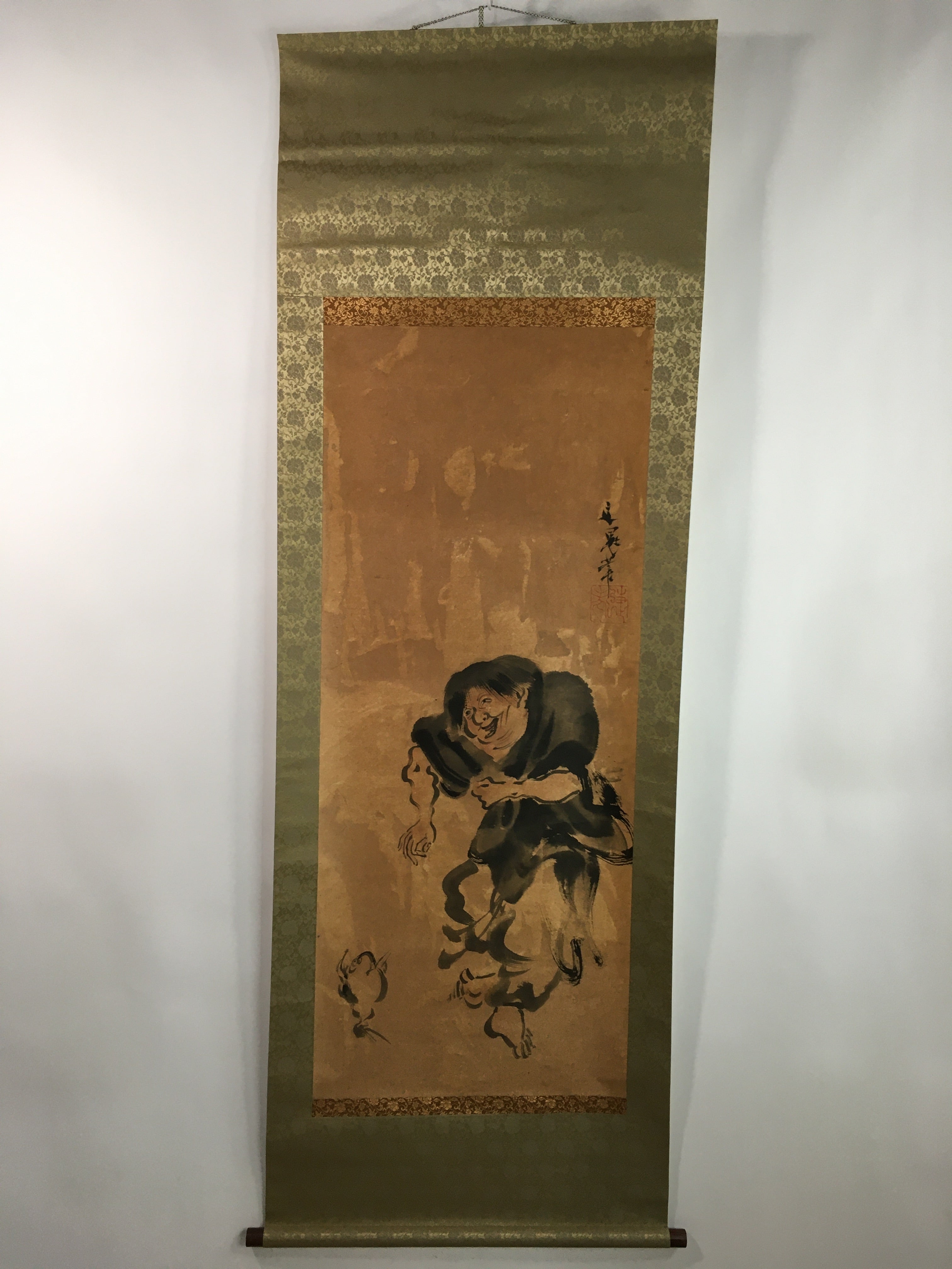 Japanese Hanging Scroll Vtg Kakejiku Kakemono Man Dance Frog SC705