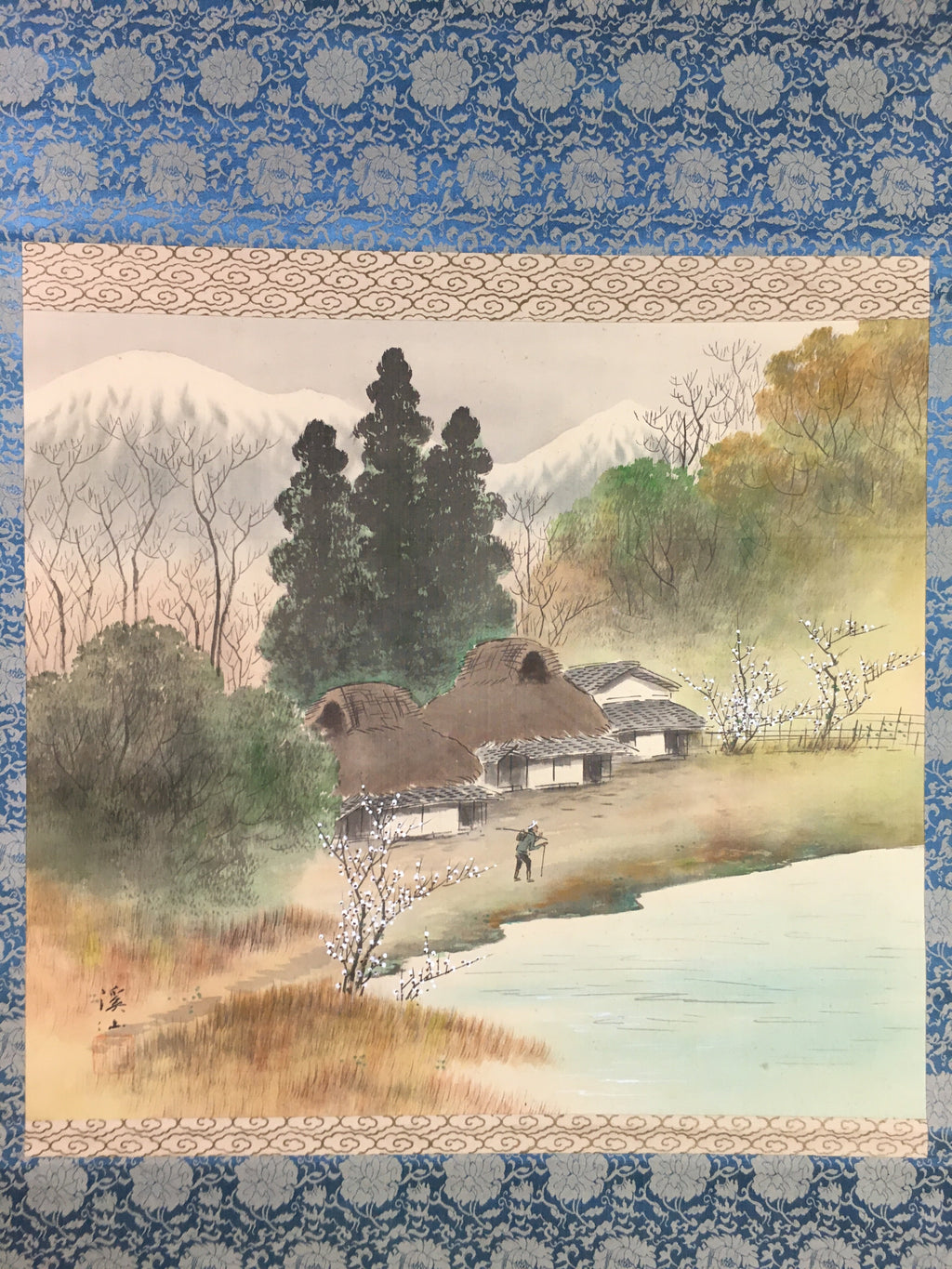 Japanese Hanging Scroll Vtg Kakejiku Kakemono Mountain Riverside Village SC720