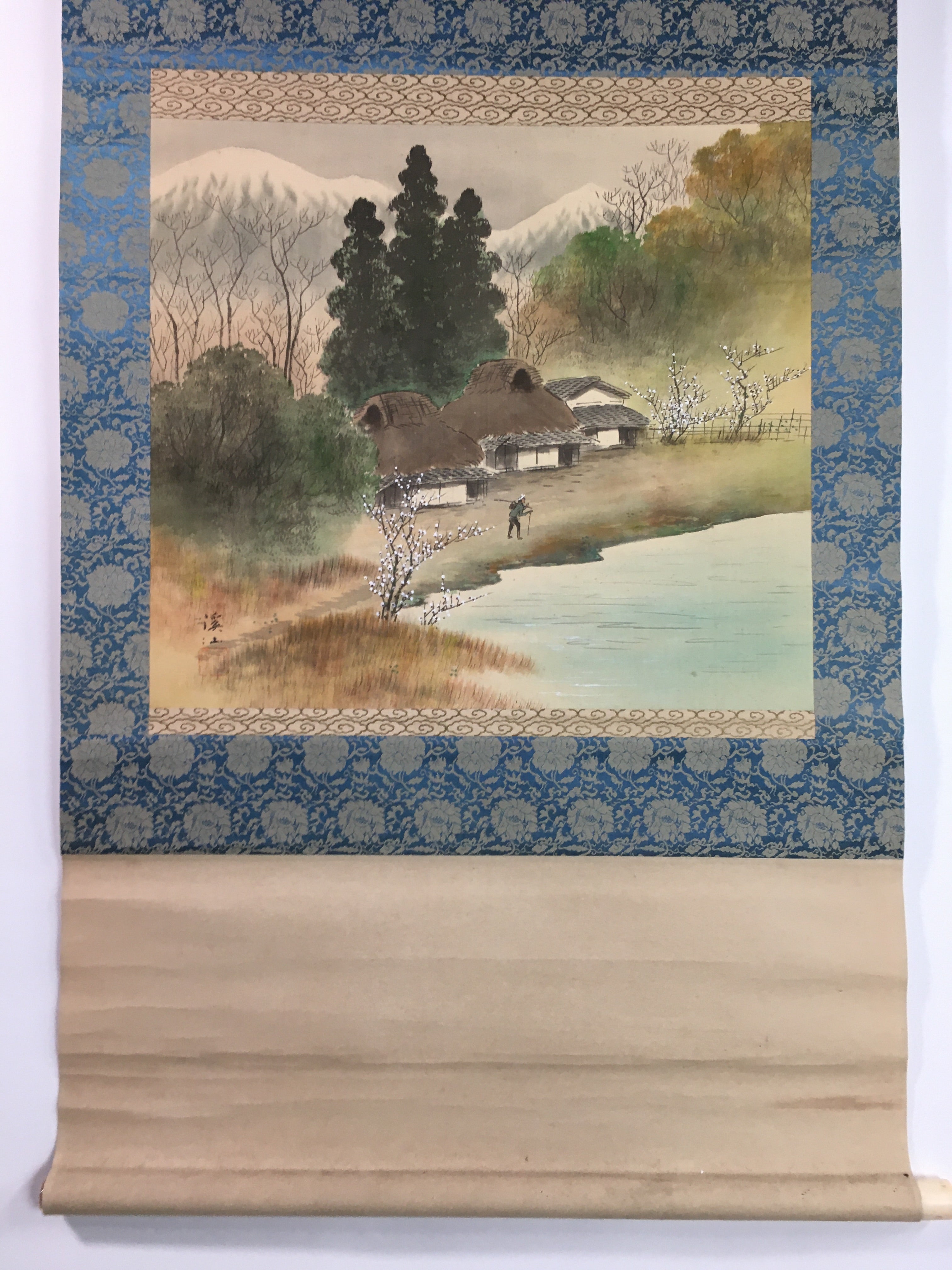 Japanese Hanging Scroll Vtg Kakejiku Kakemono Mountain Riverside Village SC720