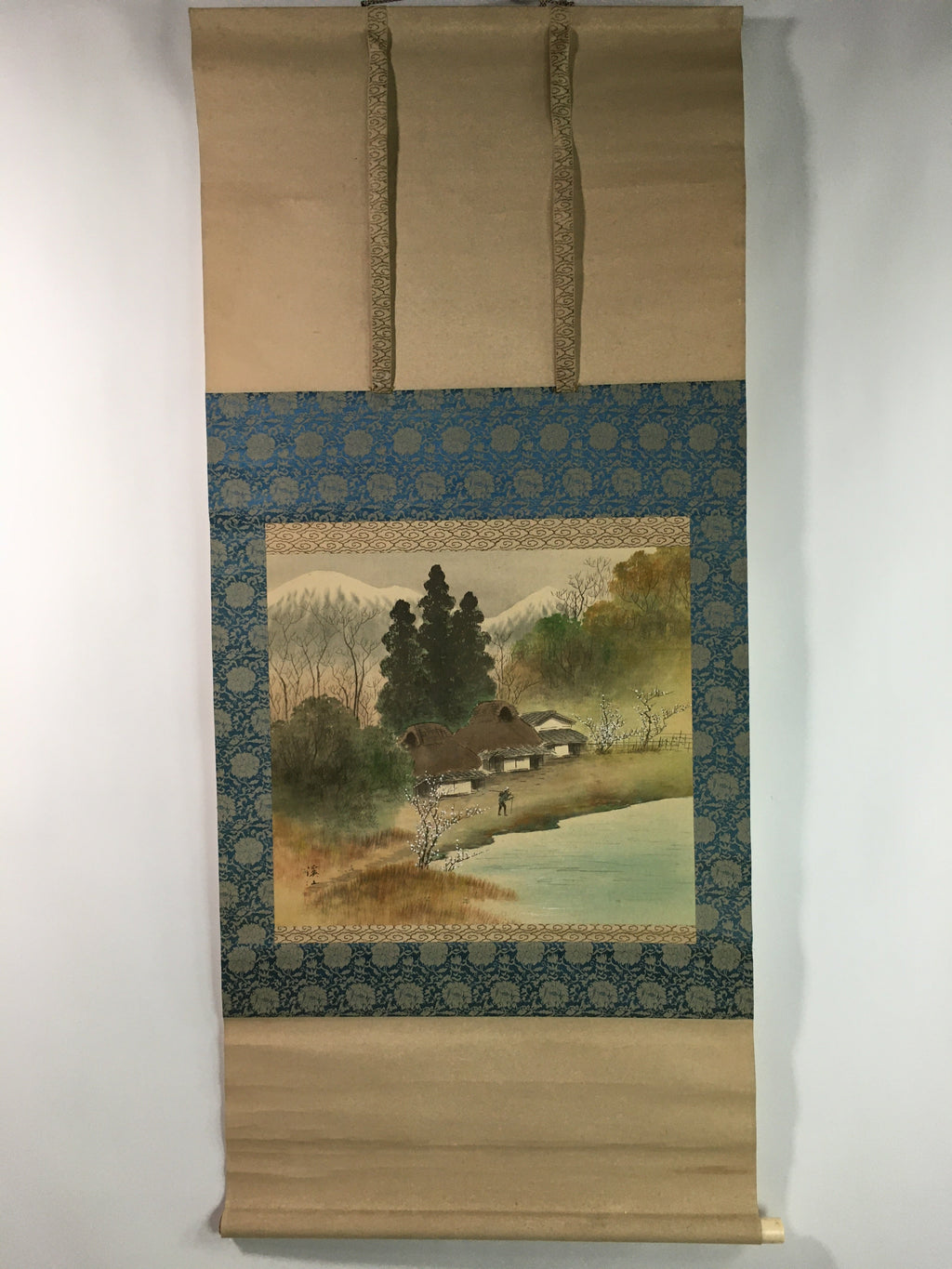 Japanese Hanging Scroll Vtg Kakejiku Kakemono Mountain Riverside Village SC720