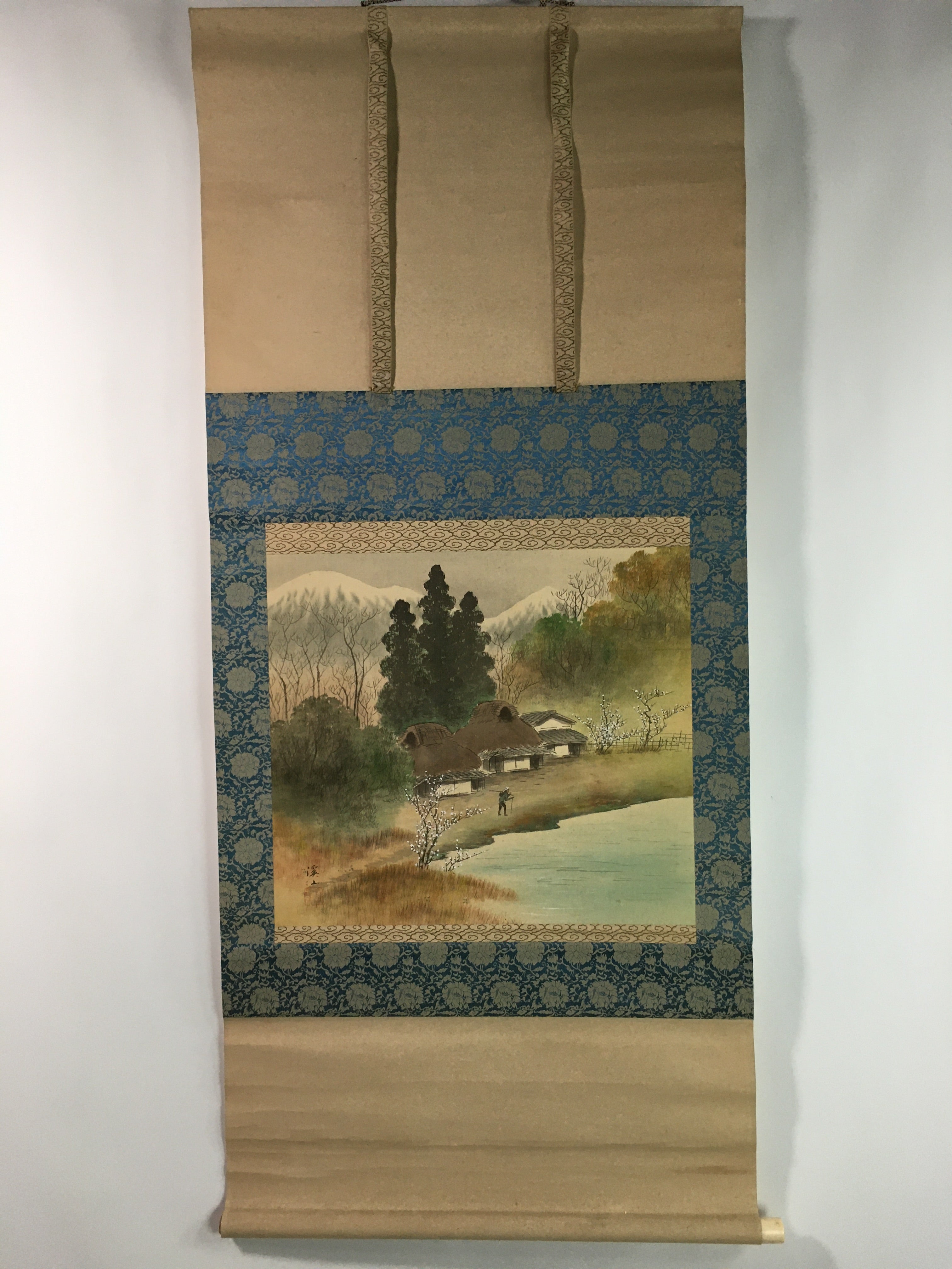 Japanese Hanging Scroll Vtg Kakejiku Kakemono Mountain Riverside Village SC720