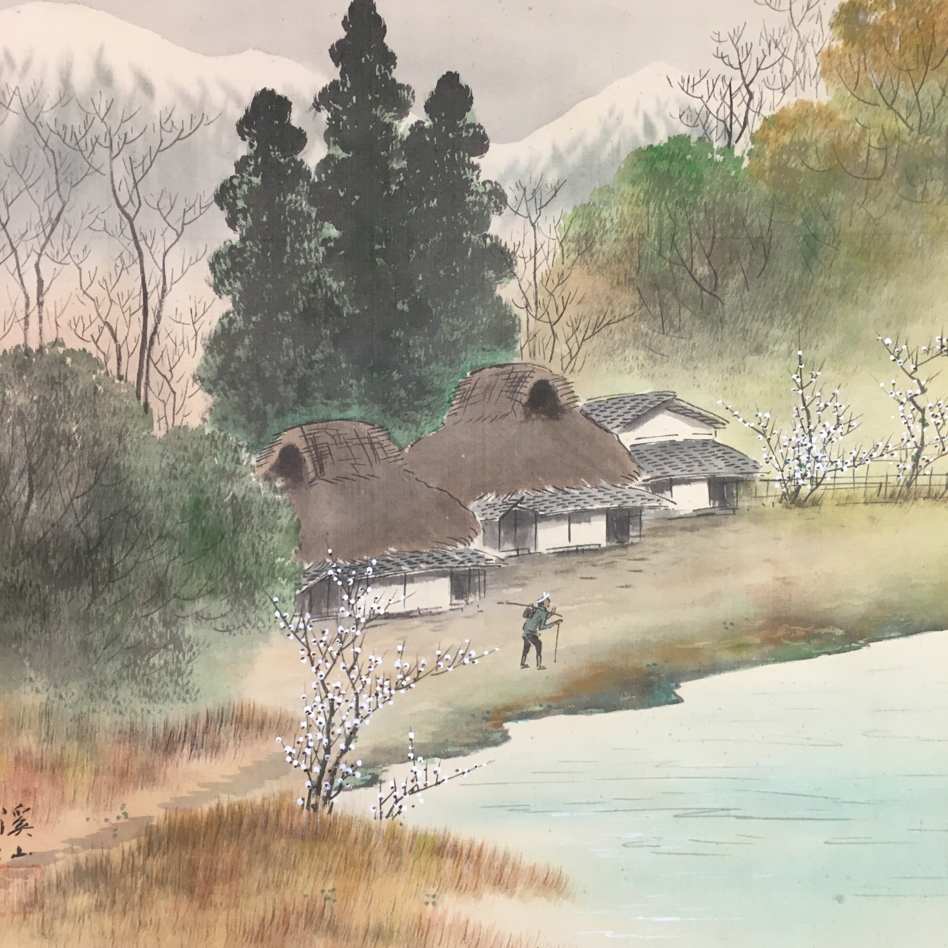 Japanese Hanging Scroll Vtg Kakejiku Kakemono Mountain Riverside Village SC720