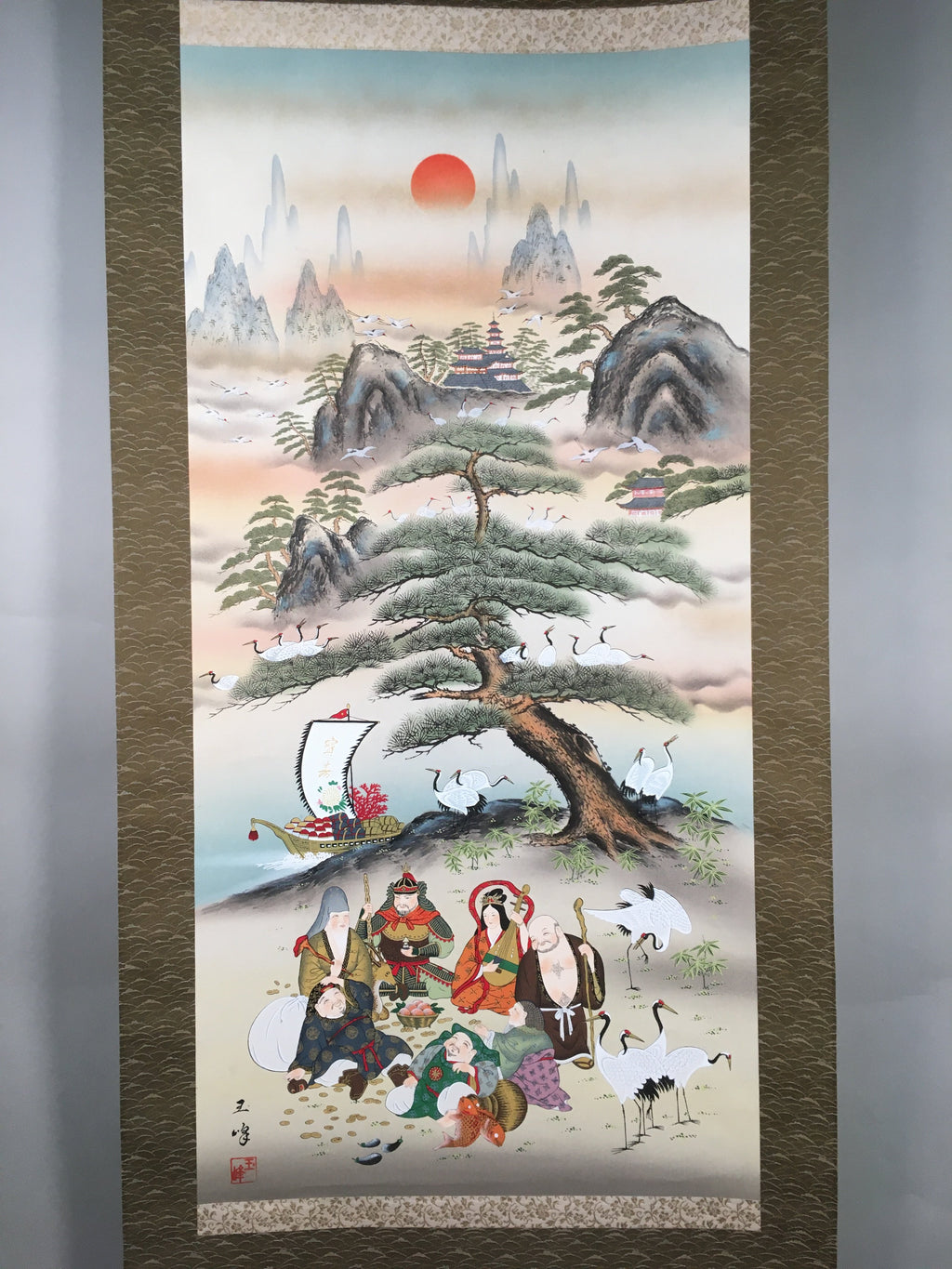 Japanese Hanging Scroll Vtg Kakejiku Kakemono Painting 7 Lucky Gods SC582