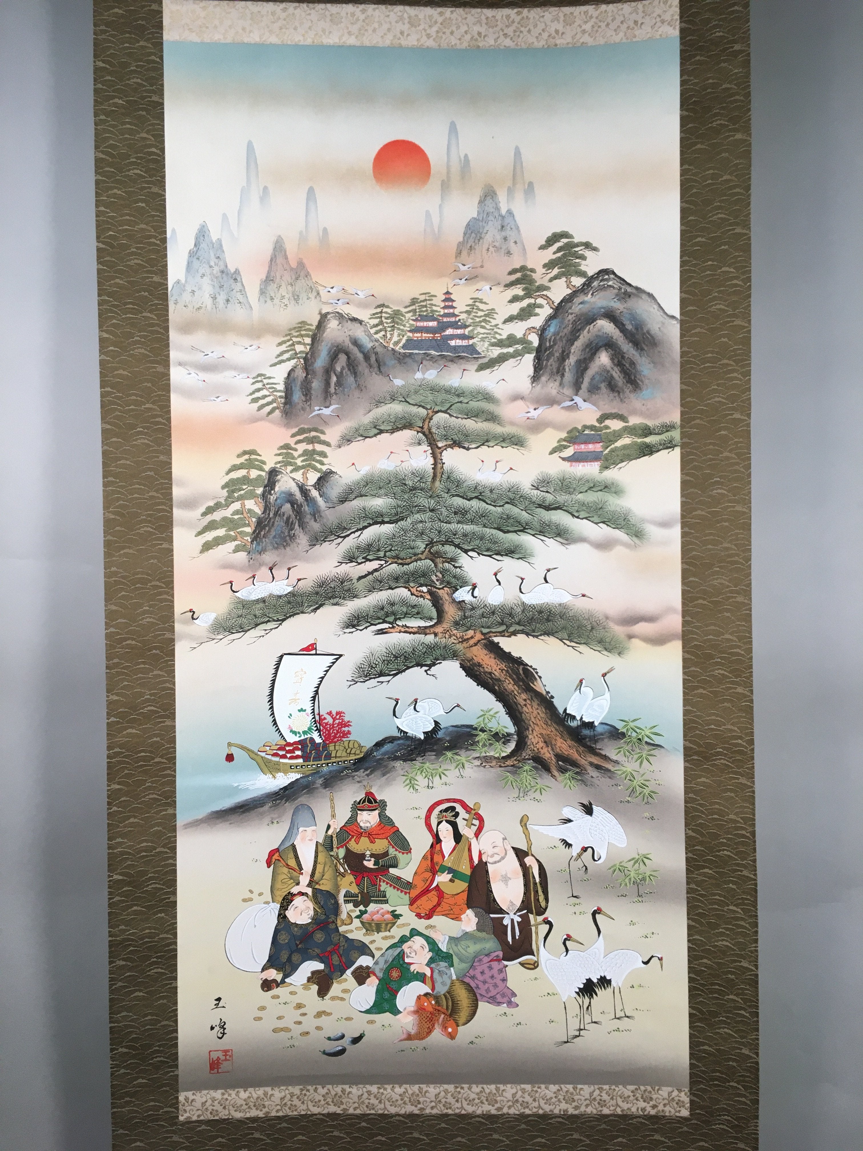 Japanese Hanging Scroll Vtg Kakejiku Kakemono Painting 7 Lucky Gods SC582