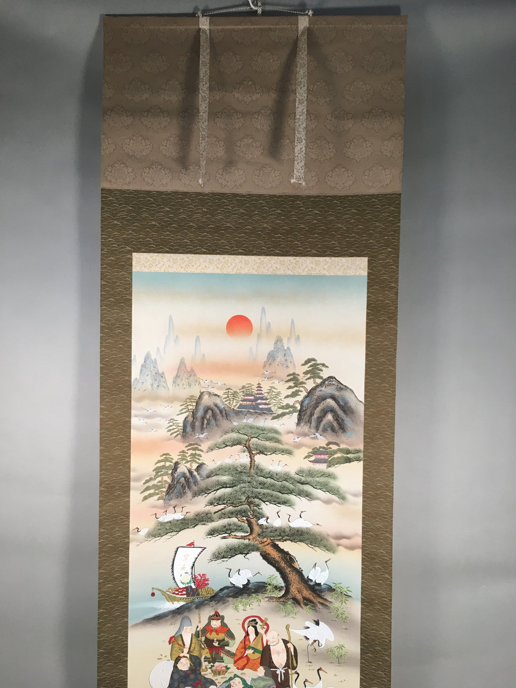 Japanese Hanging Scroll Vtg Kakejiku Kakemono Painting 7 Lucky Gods SC582
