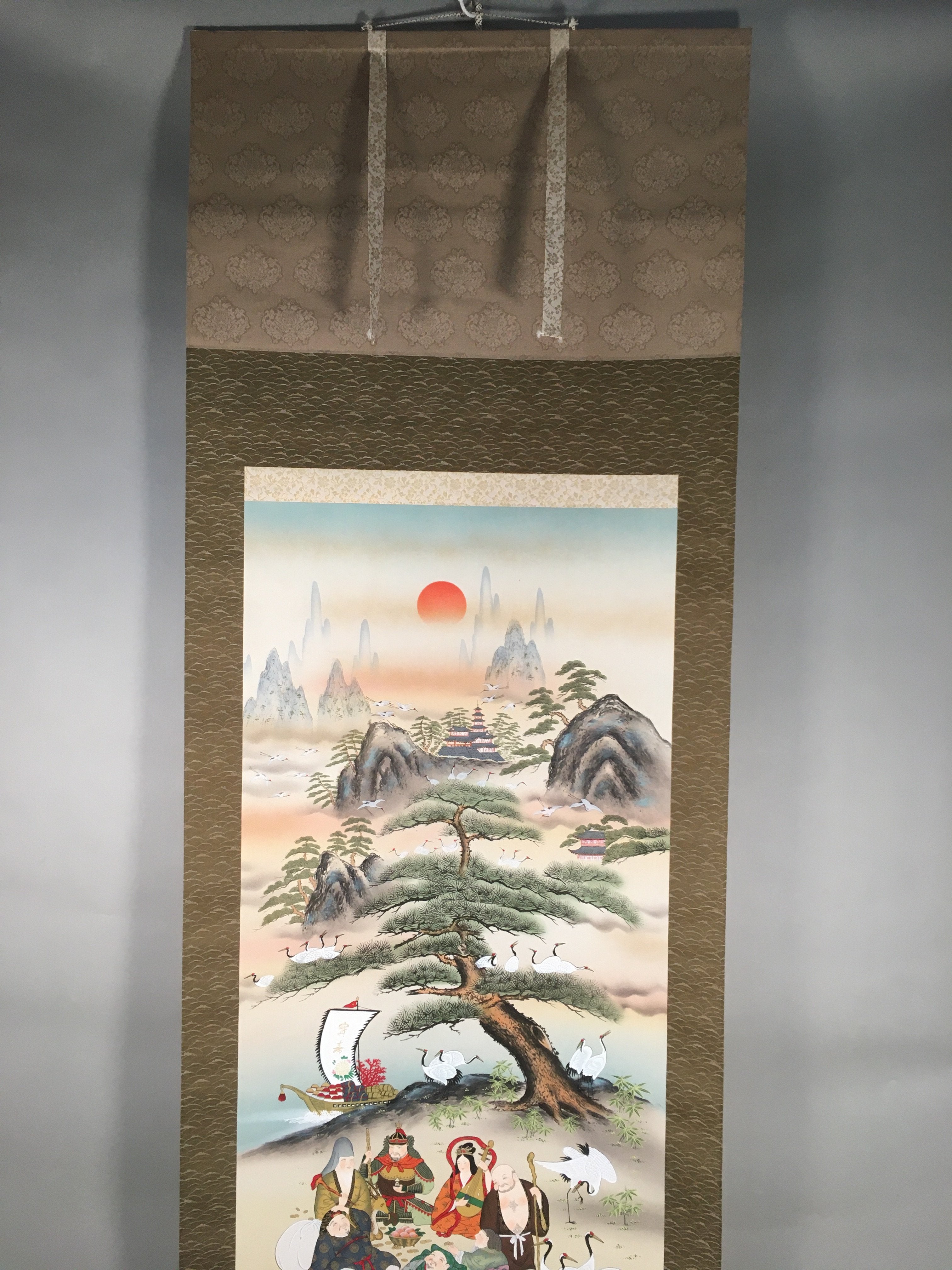Japanese Hanging Scroll Vtg Kakejiku Kakemono Painting 7 Lucky Gods SC582