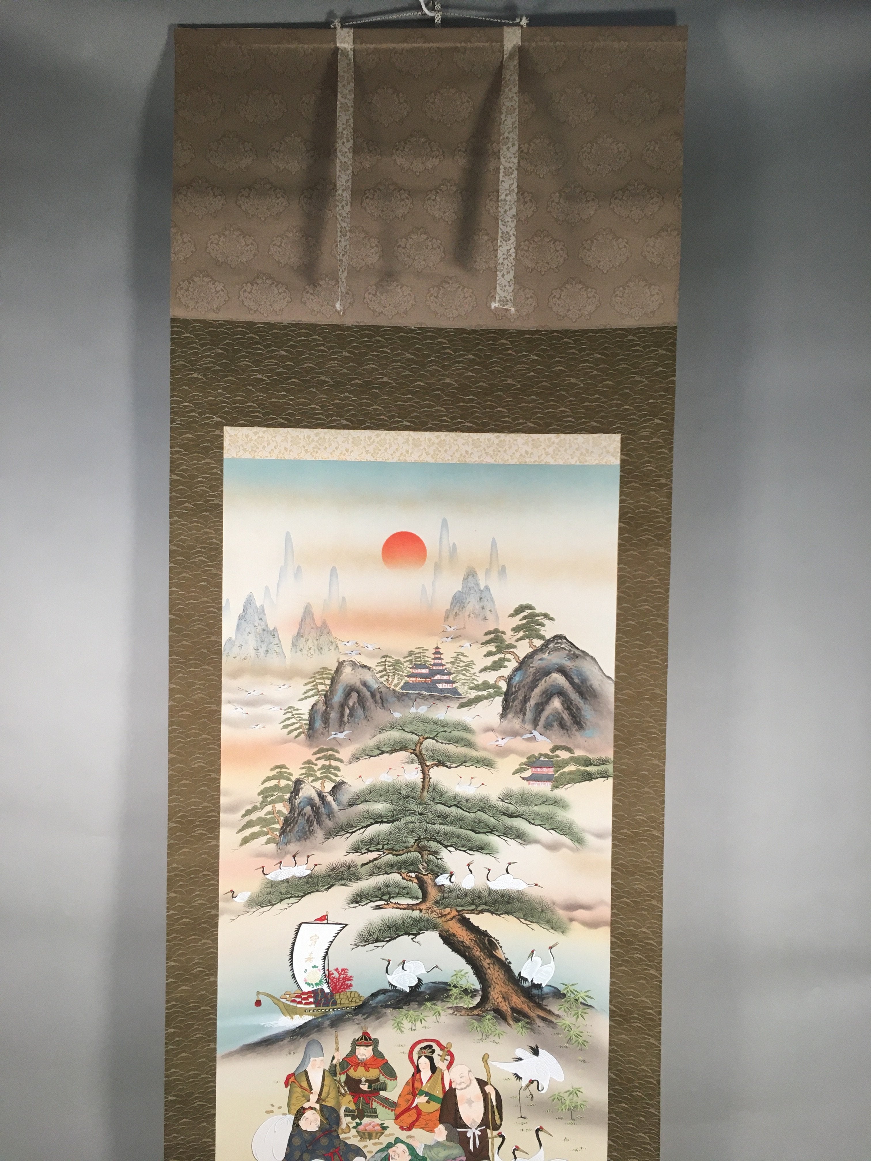Japanese Hanging Scroll Vtg Kakejiku Kakemono Painting 7 Lucky Gods SC582
