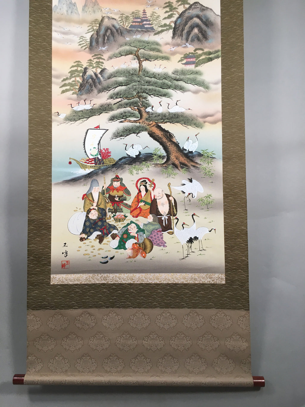 Japanese Hanging Scroll Vtg Kakejiku Kakemono Painting 7 Lucky Gods SC582
