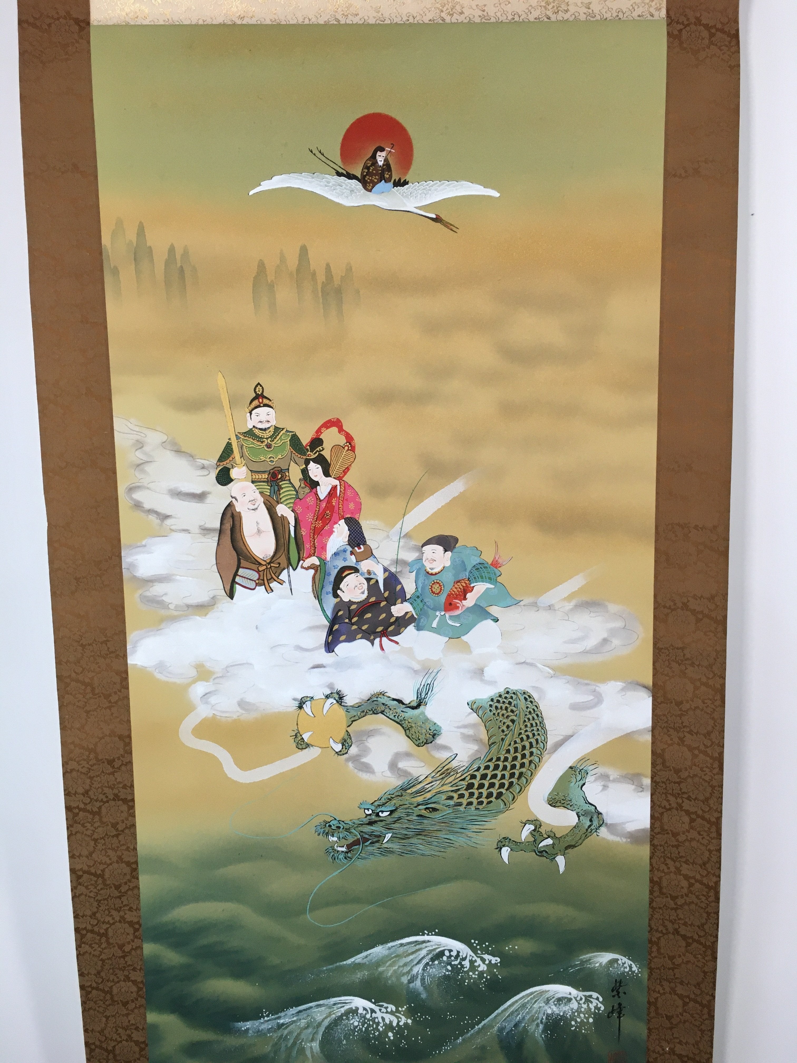 Japanese Hanging Scroll Vtg Kakejiku Kakemono Painting 7Lucky Gods SC610