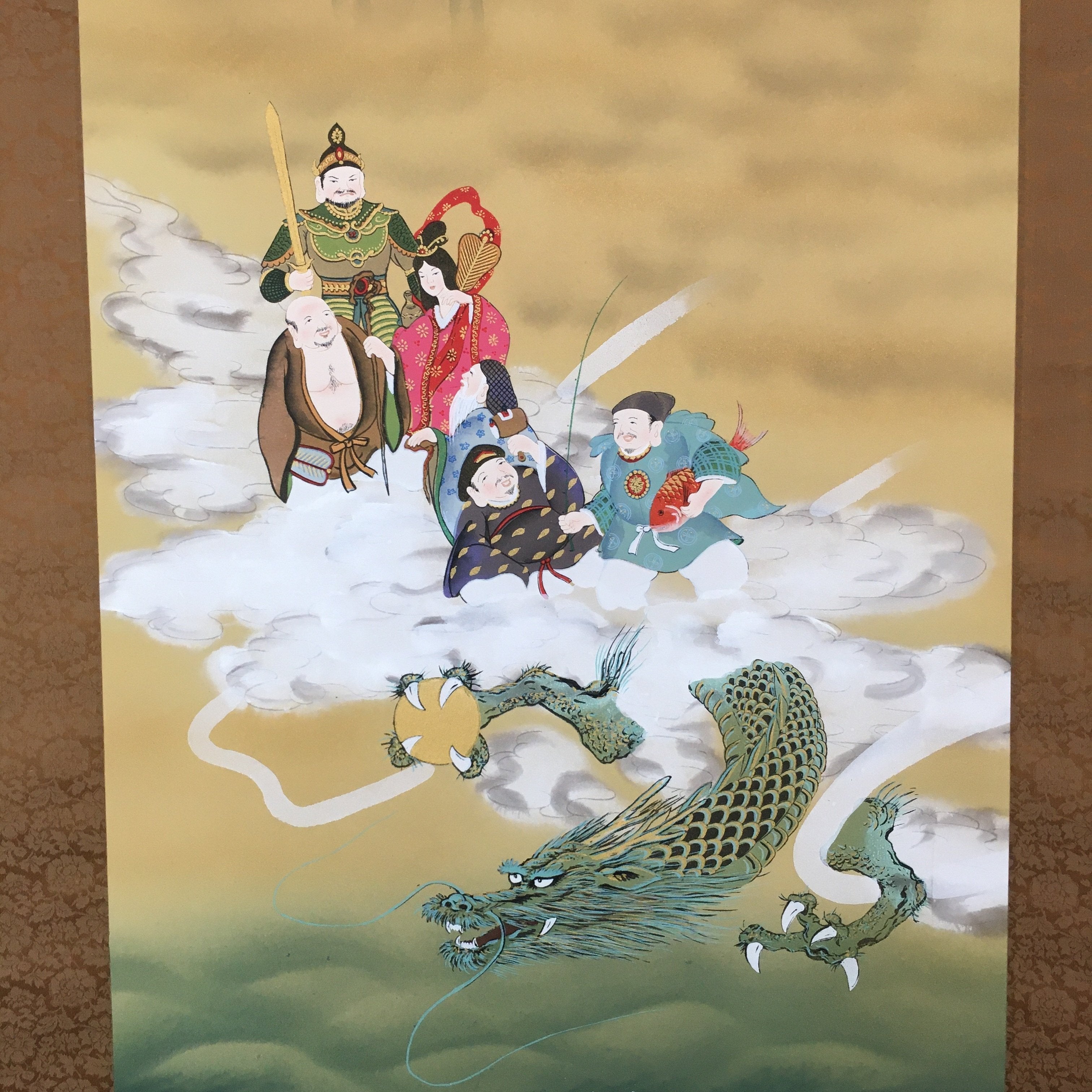 Japanese Hanging Scroll Vtg Kakejiku Kakemono Painting 7Lucky Gods SC610