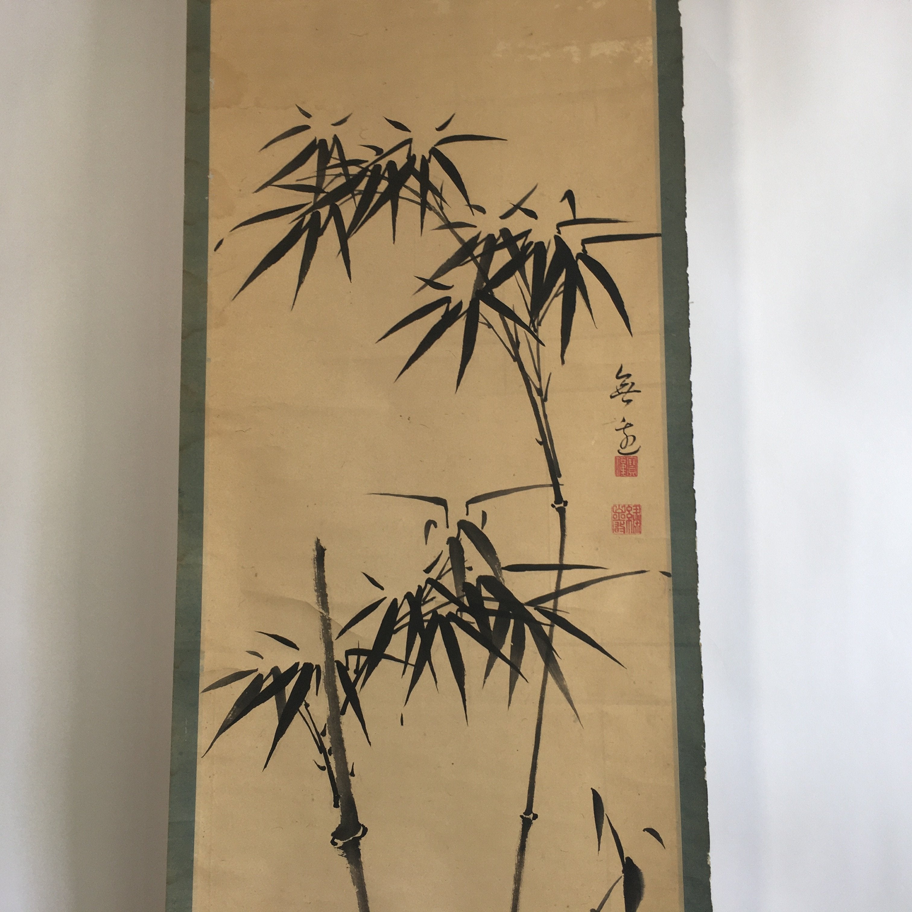 Japanese Hanging Scroll Vtg Kakejiku Kakemono Painting Black Ink Bamboo SC645