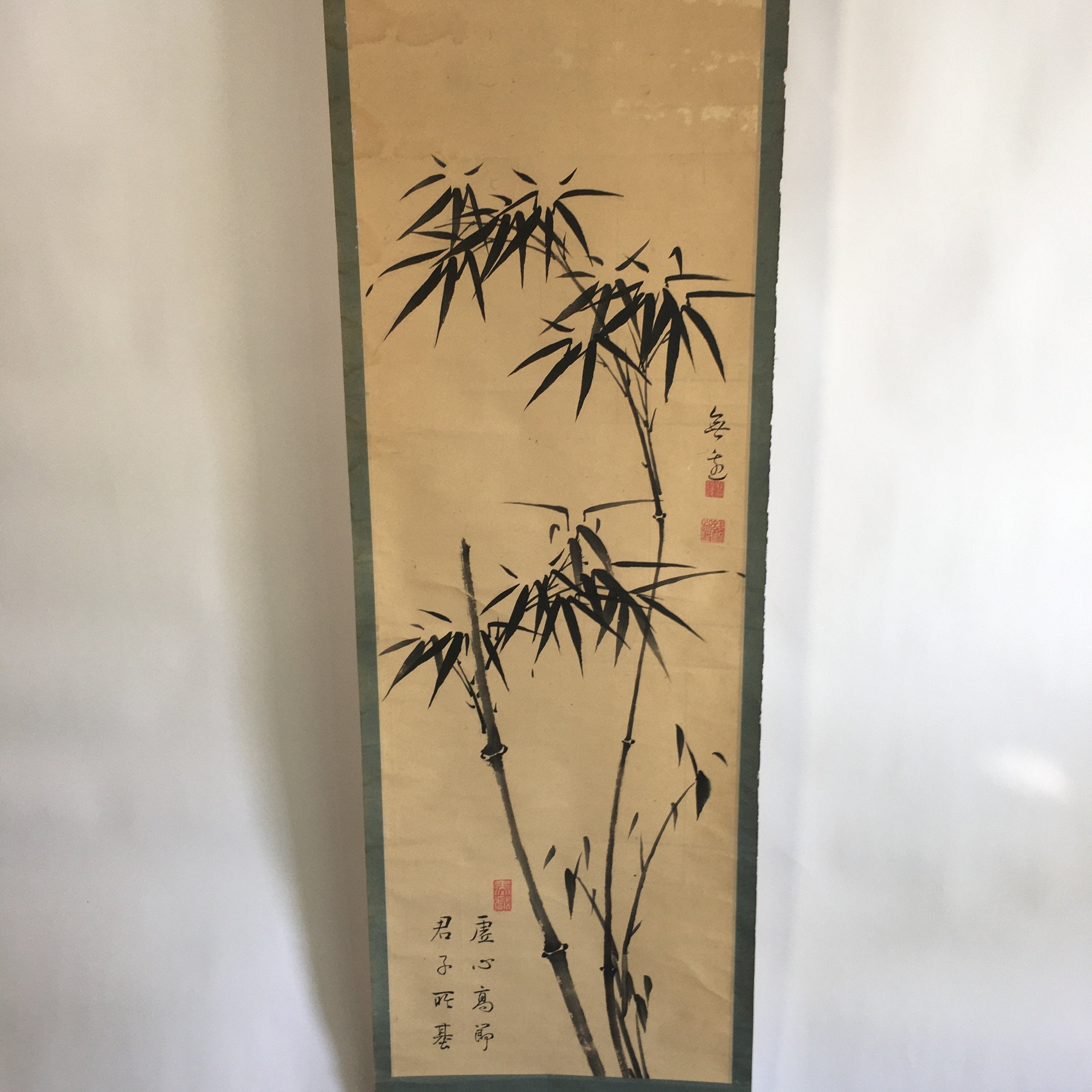 Japanese Hanging Scroll Vtg Kakejiku Kakemono Painting Black Ink Bamboo SC645