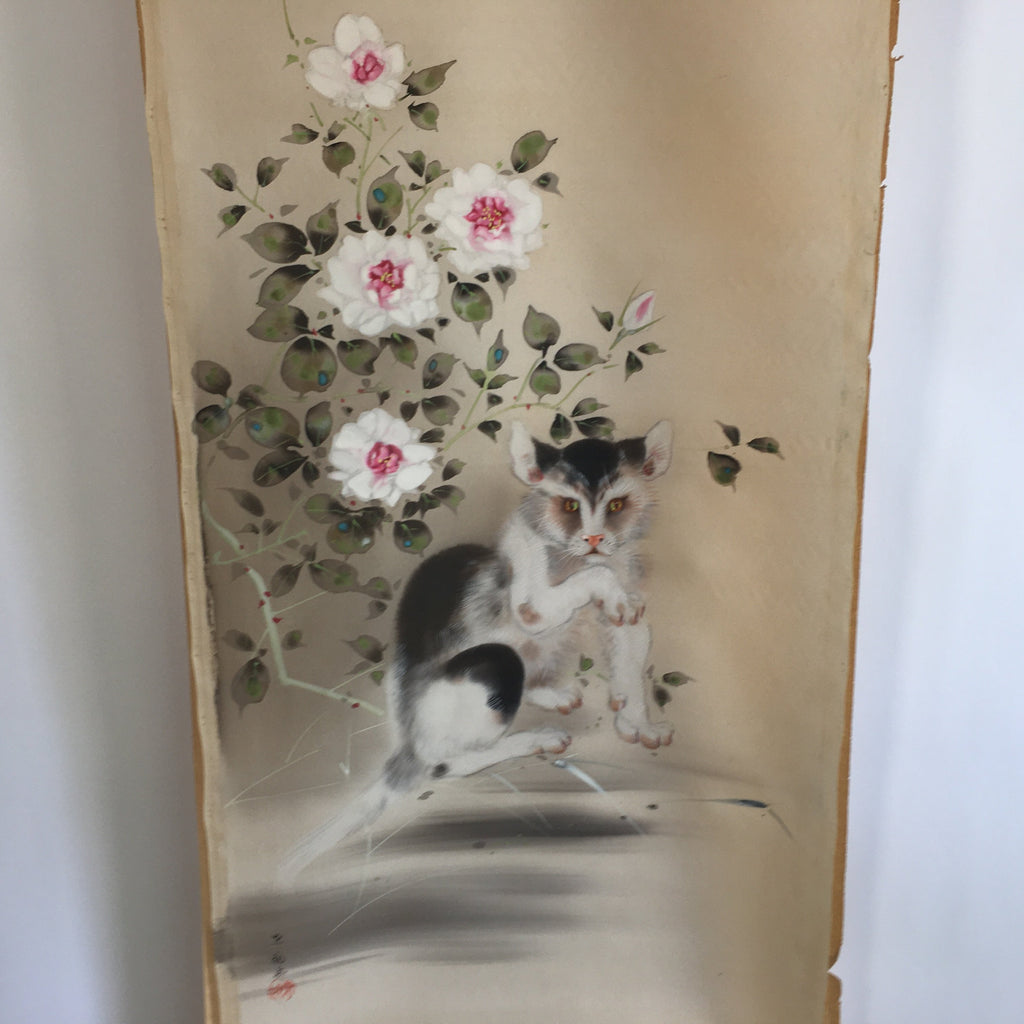 Japanese Hanging Scroll Vtg Kakejiku Kakemono Painting Cat Camellia SC639