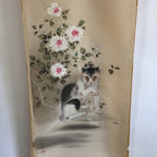 Japanese Hanging Scroll Vtg Kakejiku Kakemono Painting Cat Camellia SC639