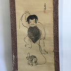 Japanese Hanging Scroll Vtg Kakejiku Kakemono Painting Child Short Poem SC633