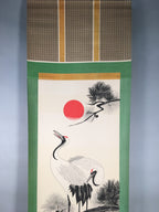 Japanese Hanging Scroll Vtg Kakejiku Kakemono Painting Crane Rising Sun SC569