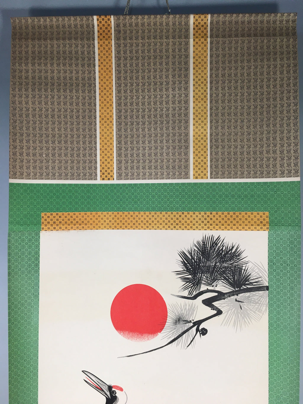 Japanese Hanging Scroll Vtg Kakejiku Kakemono Painting Crane Rising Sun SC569