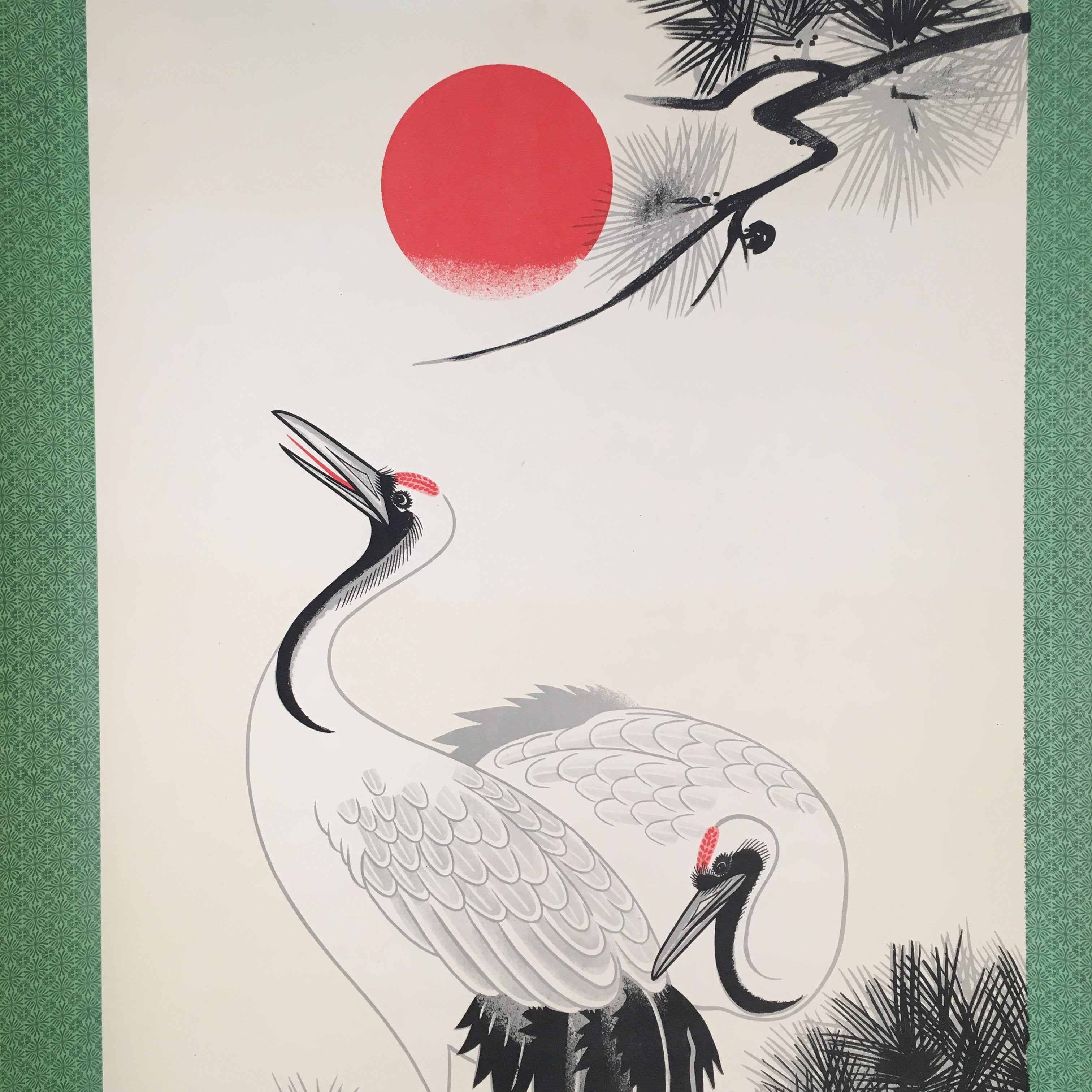 Japanese Hanging Scroll Vtg Kakejiku Kakemono Painting Crane Rising Sun SC569